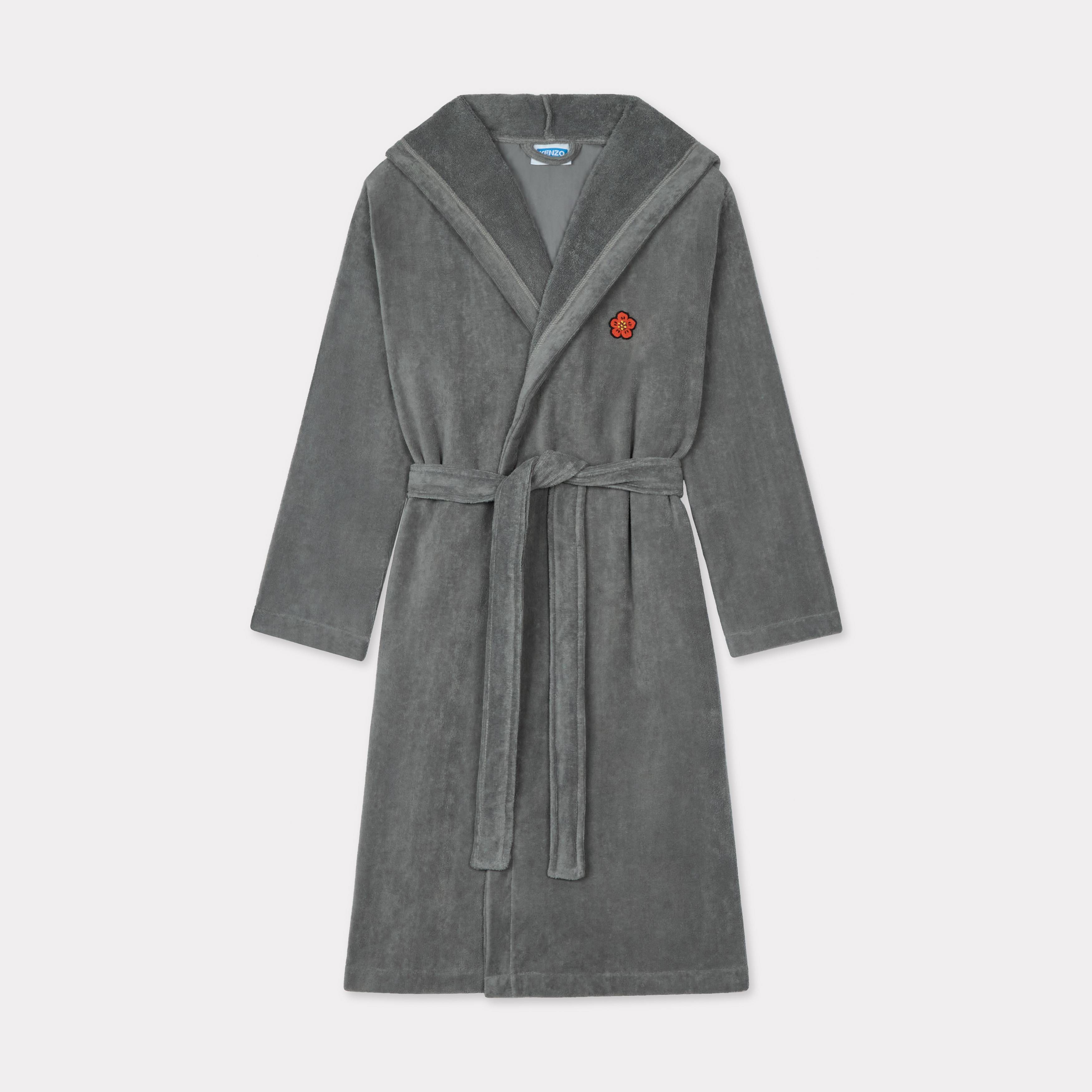 KENZO Boke' Unisex Embroidered Hooded Dressing Gown In Velour, Man, Misty Gray, Size S, Cotton
