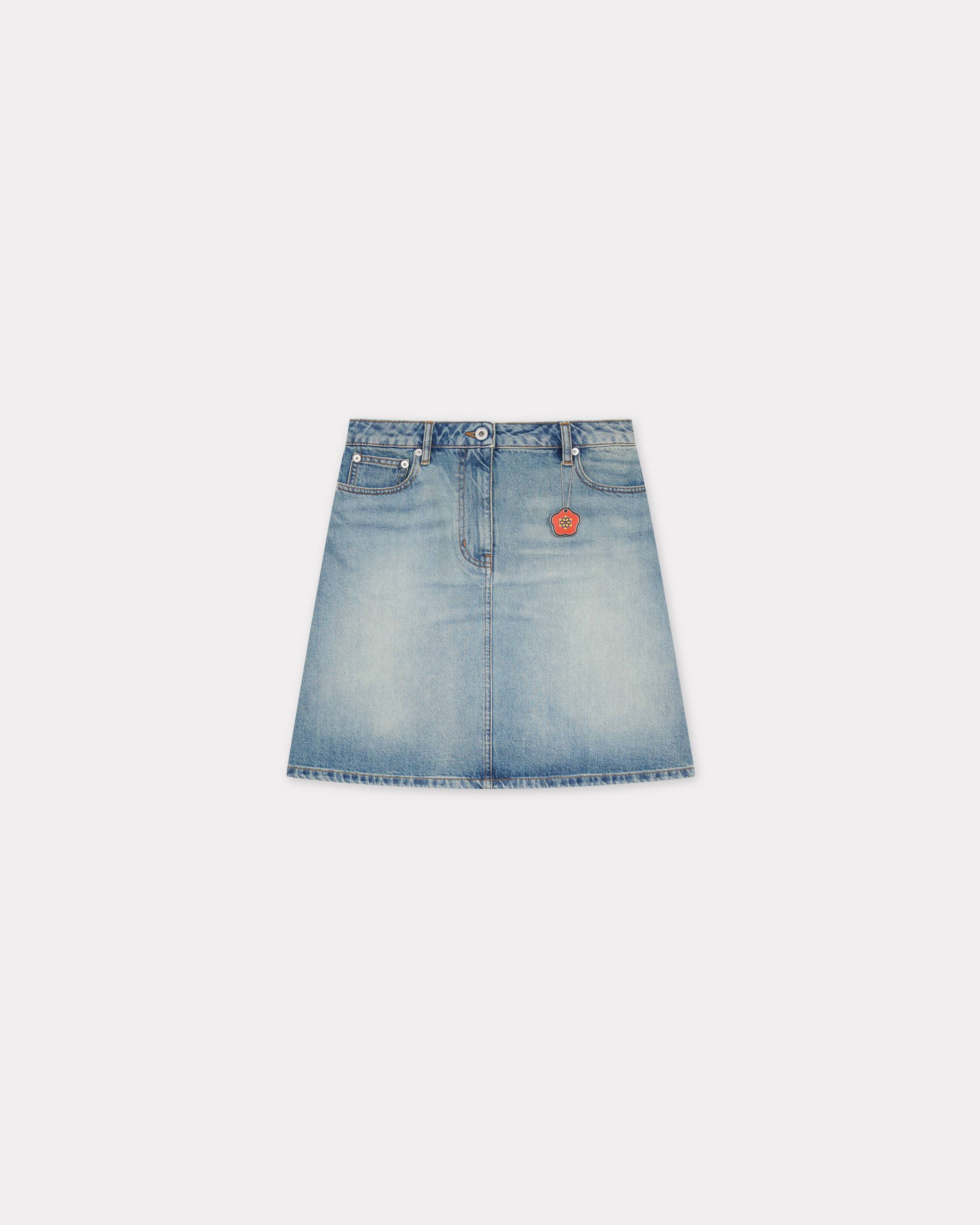 KENZO Short Skirt In Japanese Denim, Woman, Stone Bleached Blue Size 31, Leather
