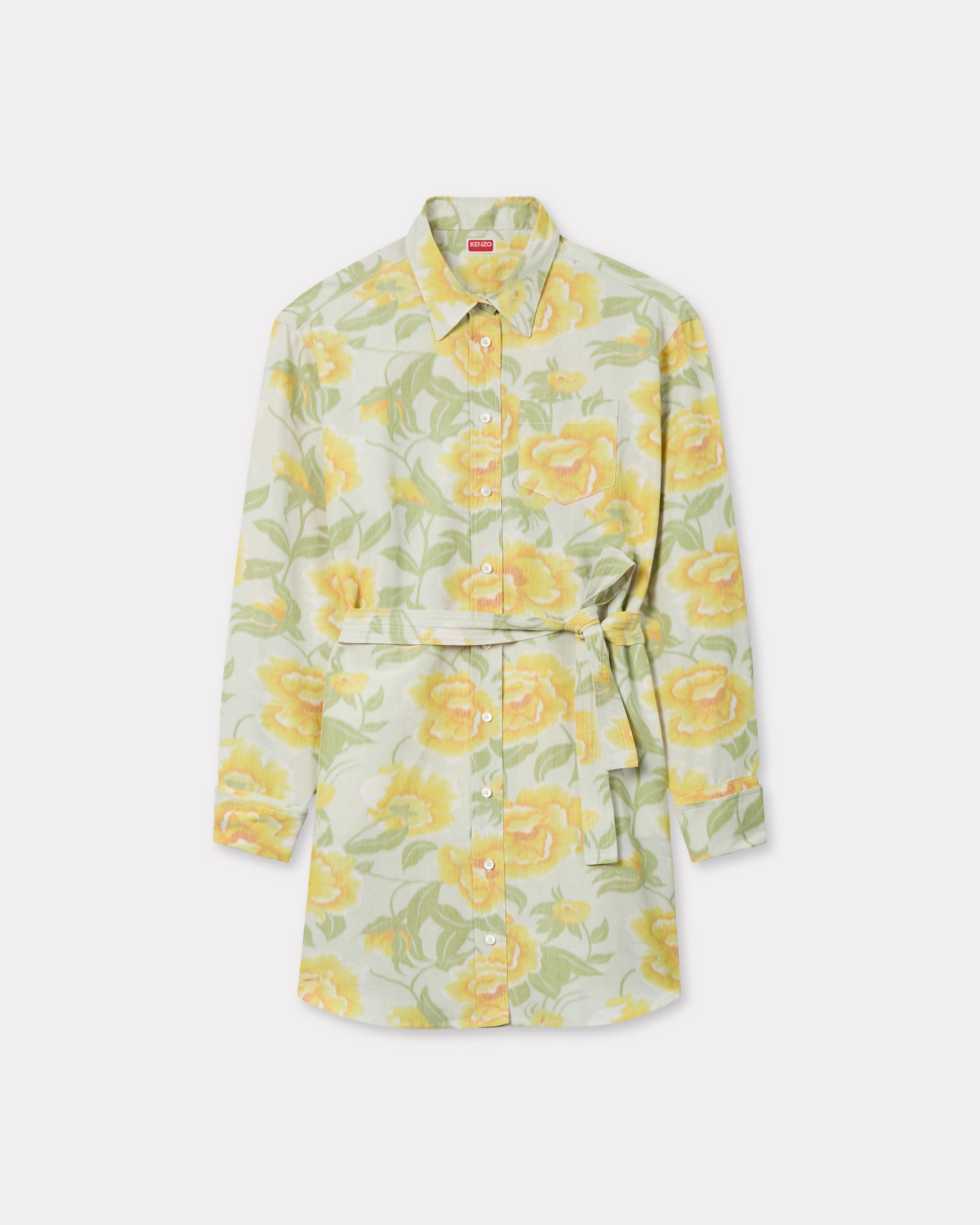 KENZO 'Kenzo Peonies' Kimono Sleeve Shirt Dress In Cotton Linen White - Womens Size L