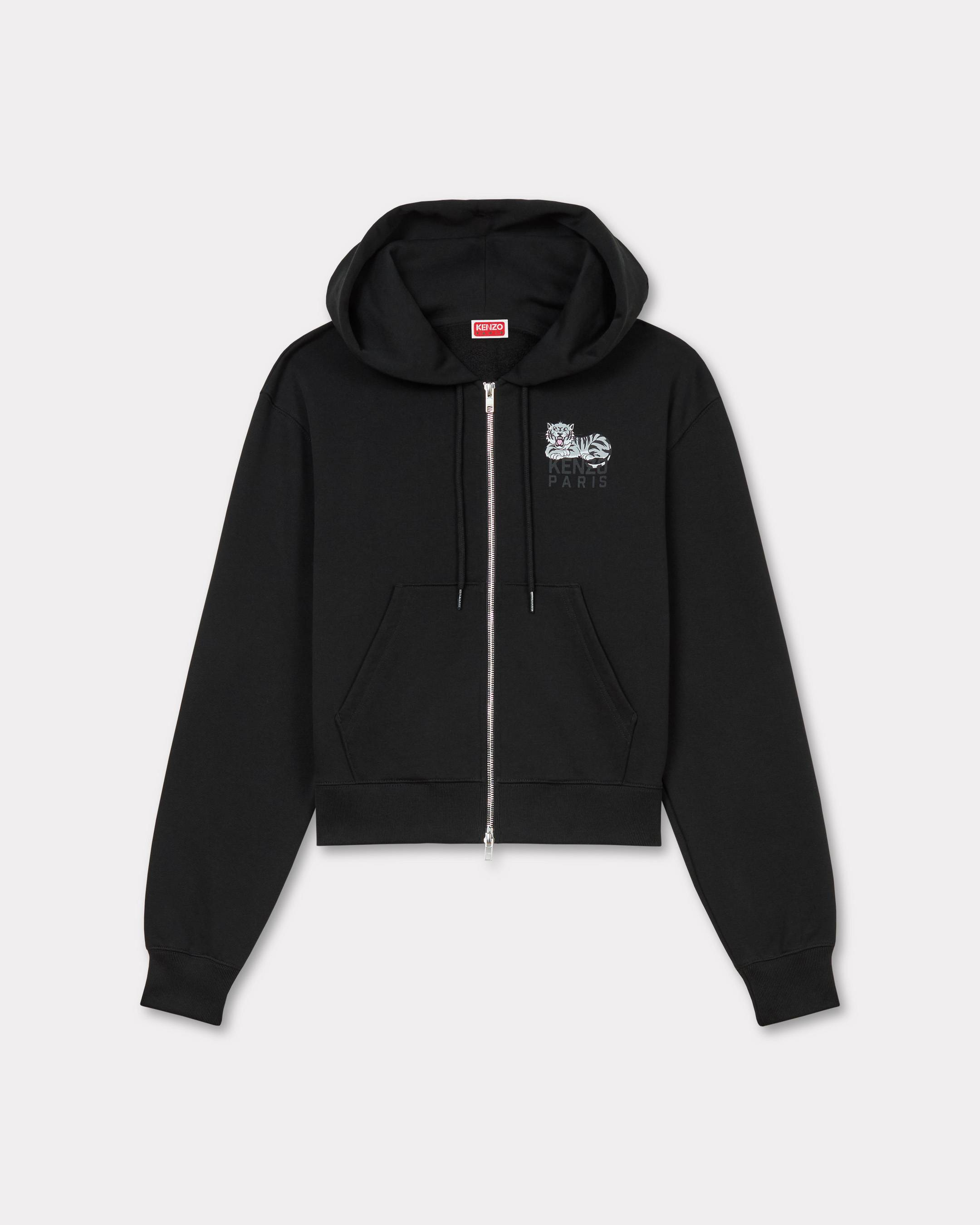 KENZO ' Happy Tiger' Zipped Hoodie , Woman, Black, Size S, Cotton