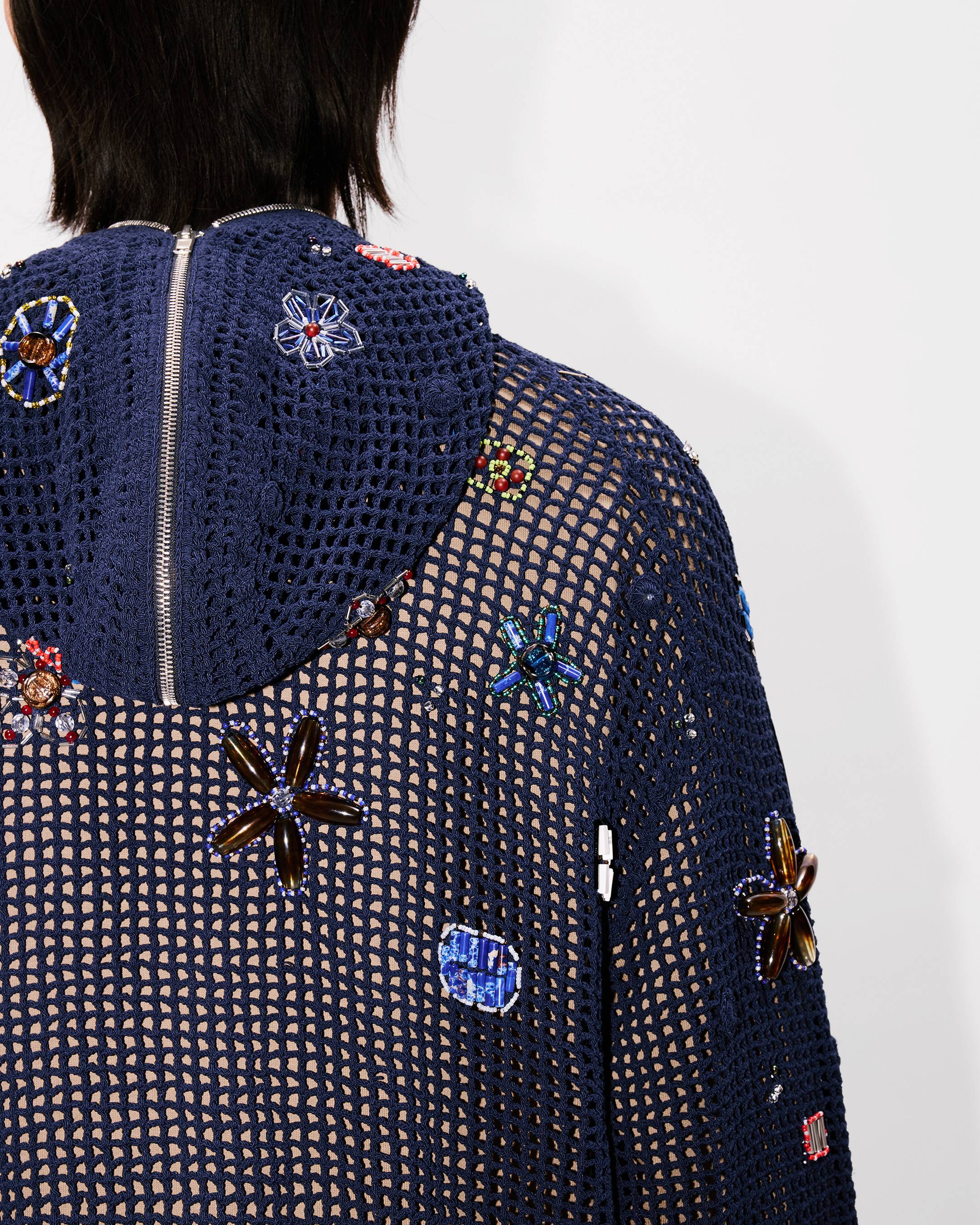 Oversized embroidered zip-up knitted hooded sweatshirt in