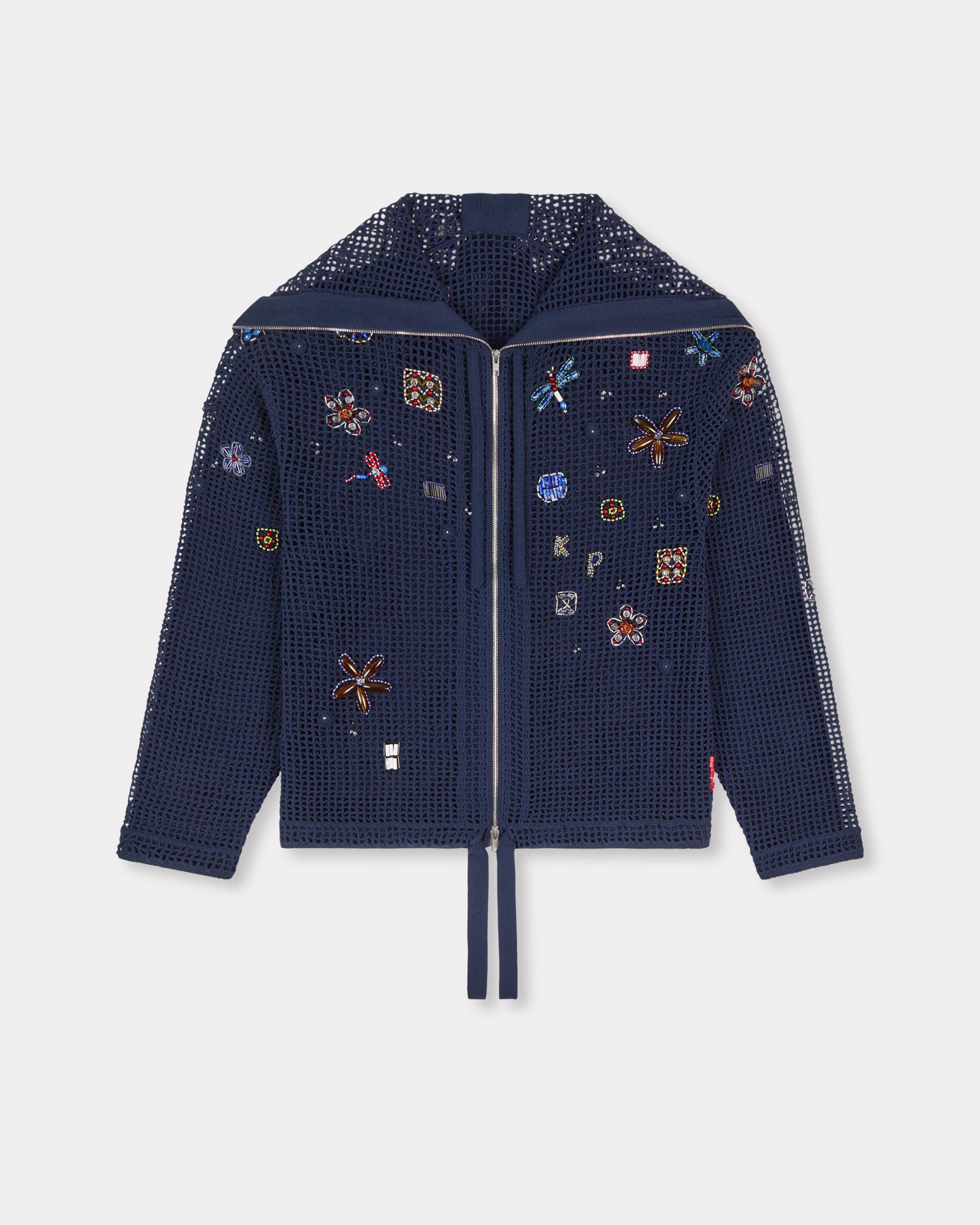 KENZO Oversized Embroidered Zip-up Knitted Hooded Sweatshirt In Mesh, Man, Blue Black, Size S, Cotton