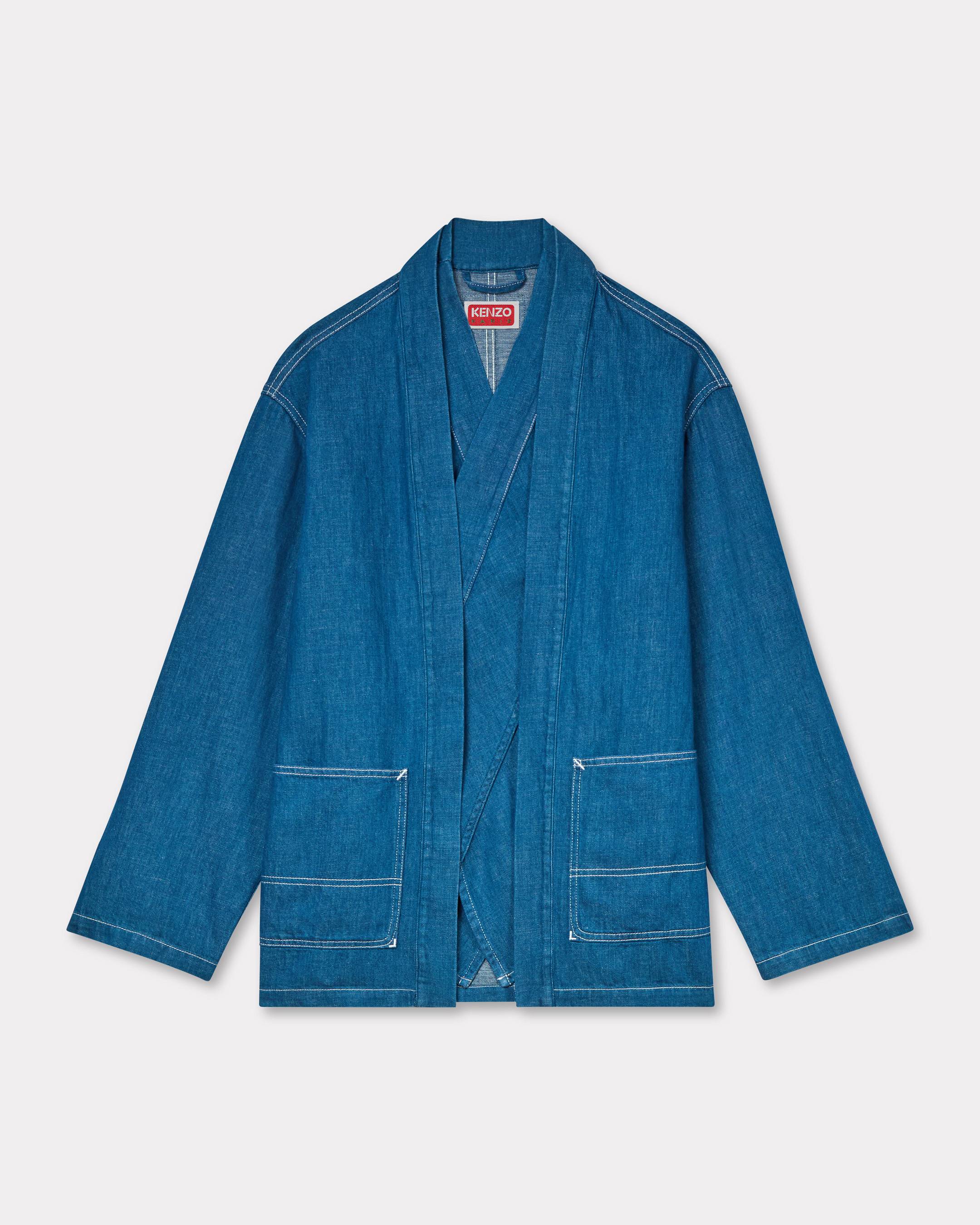 KENZO Kimono Jacket In Japanese Linen Denim, Man, Rinse Blue Size S, Leather