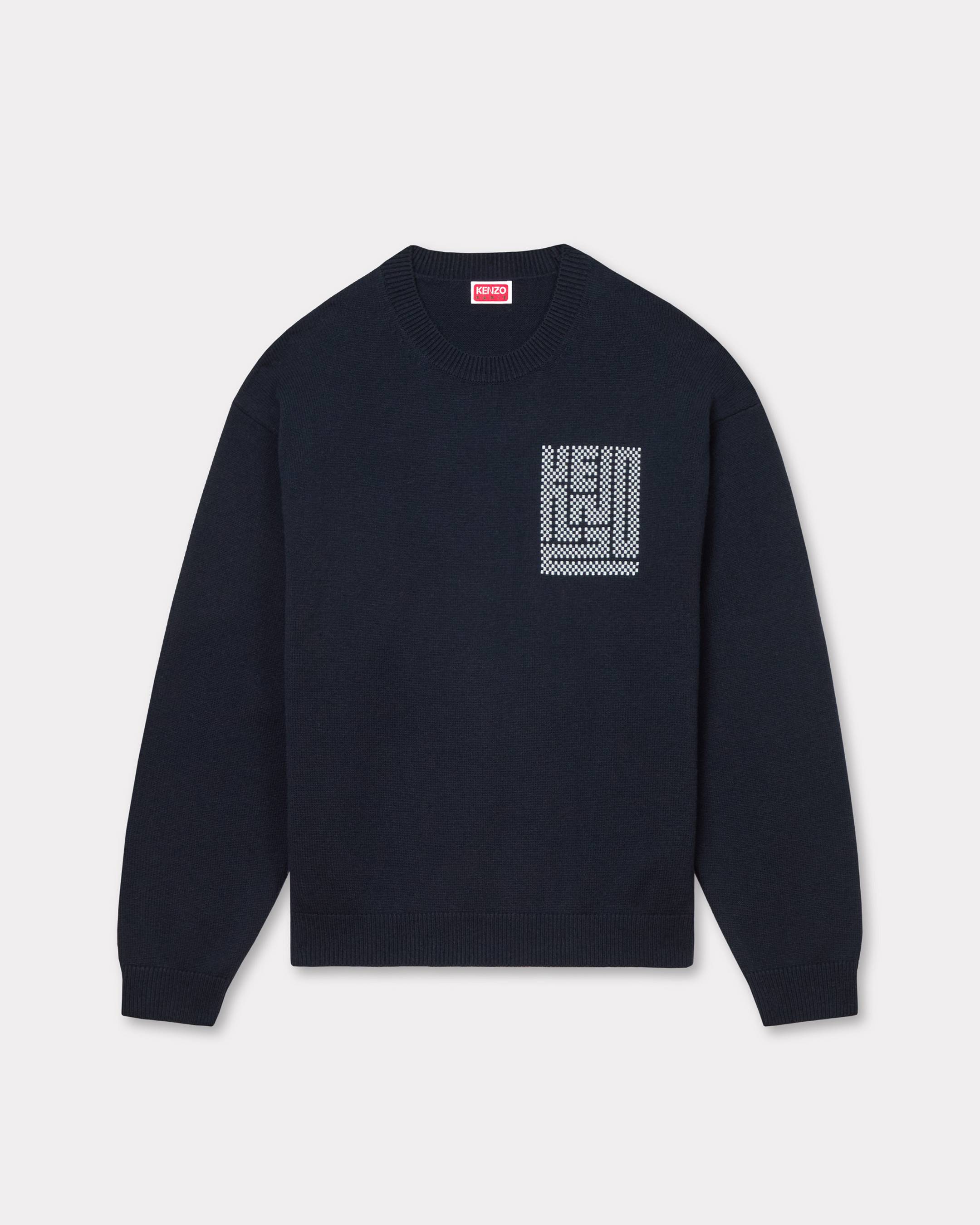 KENZO ' Kamon' Embroidered Sweater In Wool And Cotton, Man, Blue Black, Size Xs, Cotton