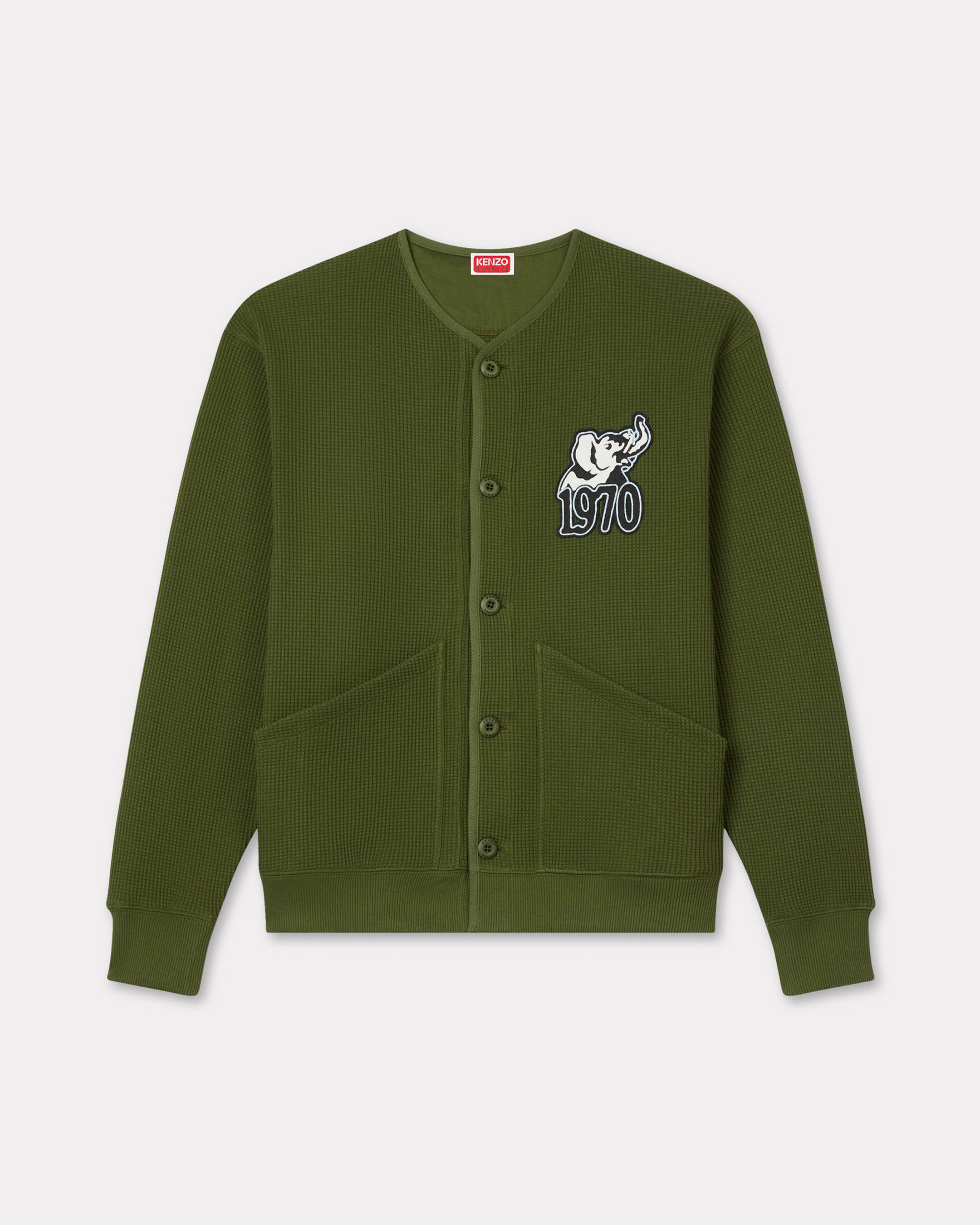 KENZO 'Kenzo Jungle Elephant' Embroidered Cardigan In Waffle Textured Molleton Khaki Green Mens - Size Xl