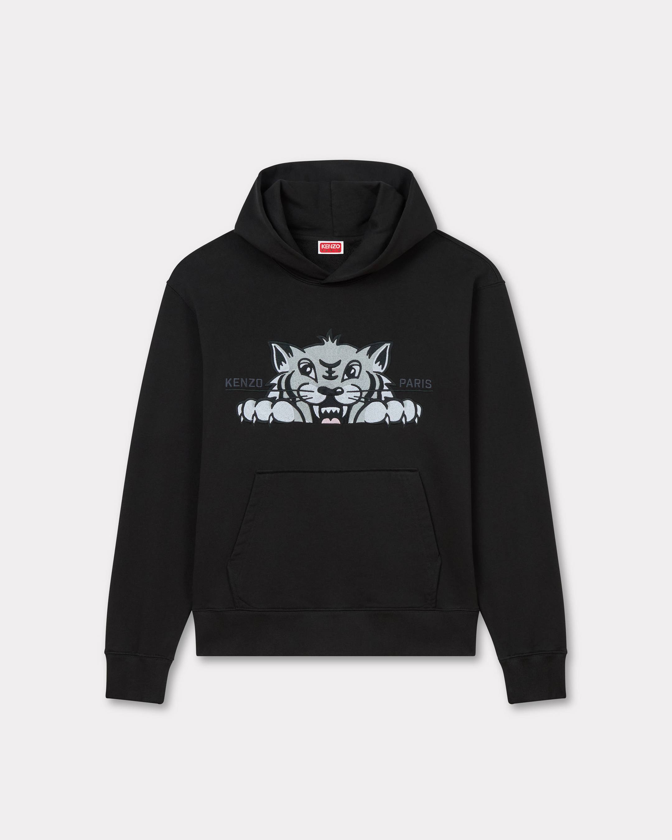 KENZO ' Happy Tiger' Embroidered Hoodie , Man, Black, Size Xl, Cotton
