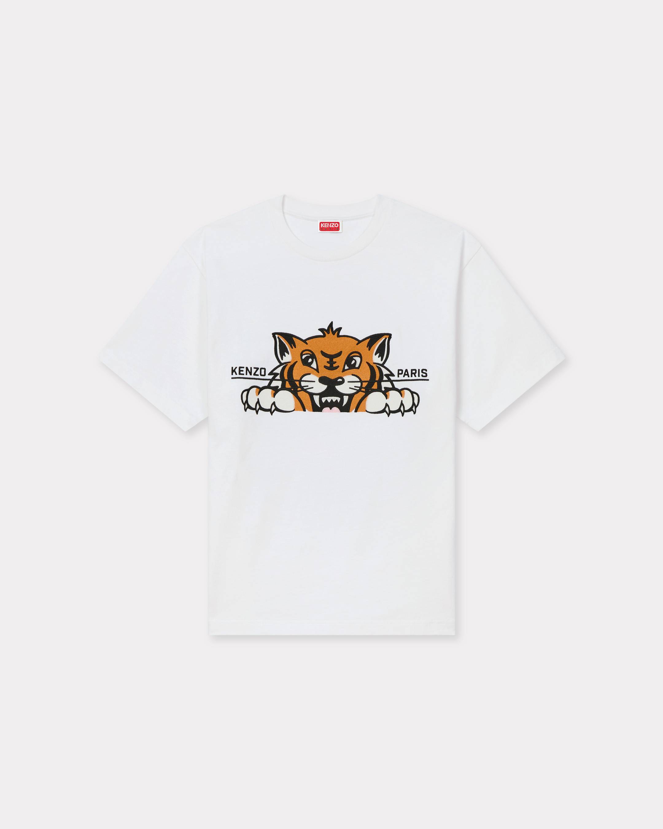 KENZO ' Happy Tiger' Embroidered Oversized T-shirt , Man, Off White, Size Xxl, Cotton