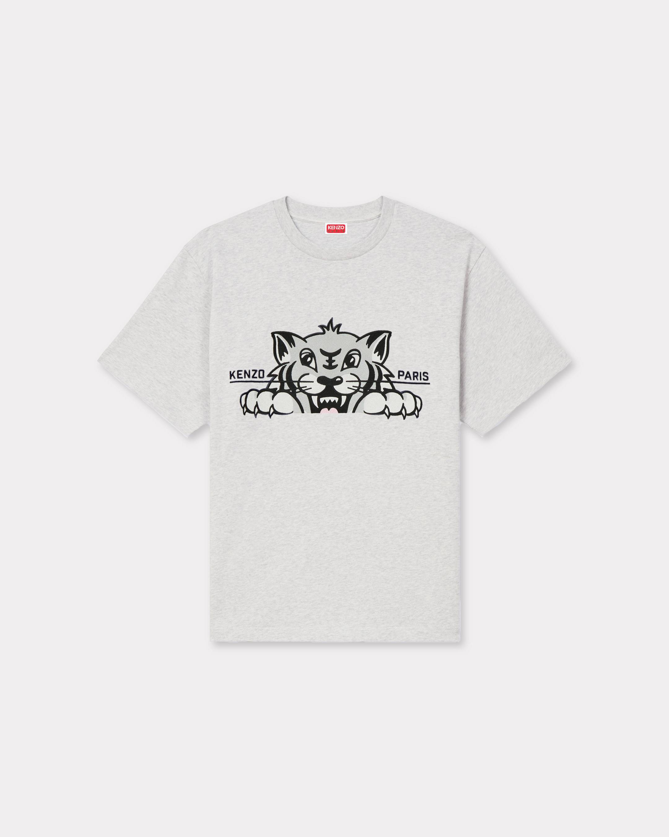 KENZO 'Kenzo Happy Tiger' Embroidered Oversized T-shirt In Cotton Pale Grey Mens - Size L