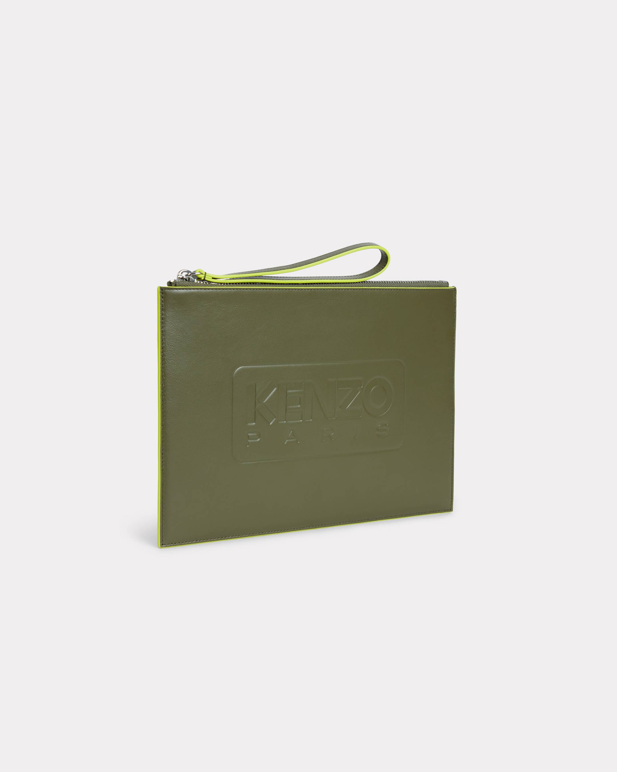 KENZO 'Kenzo Emboss' Large Clutch In Leather Khaki Green Mens - Size One