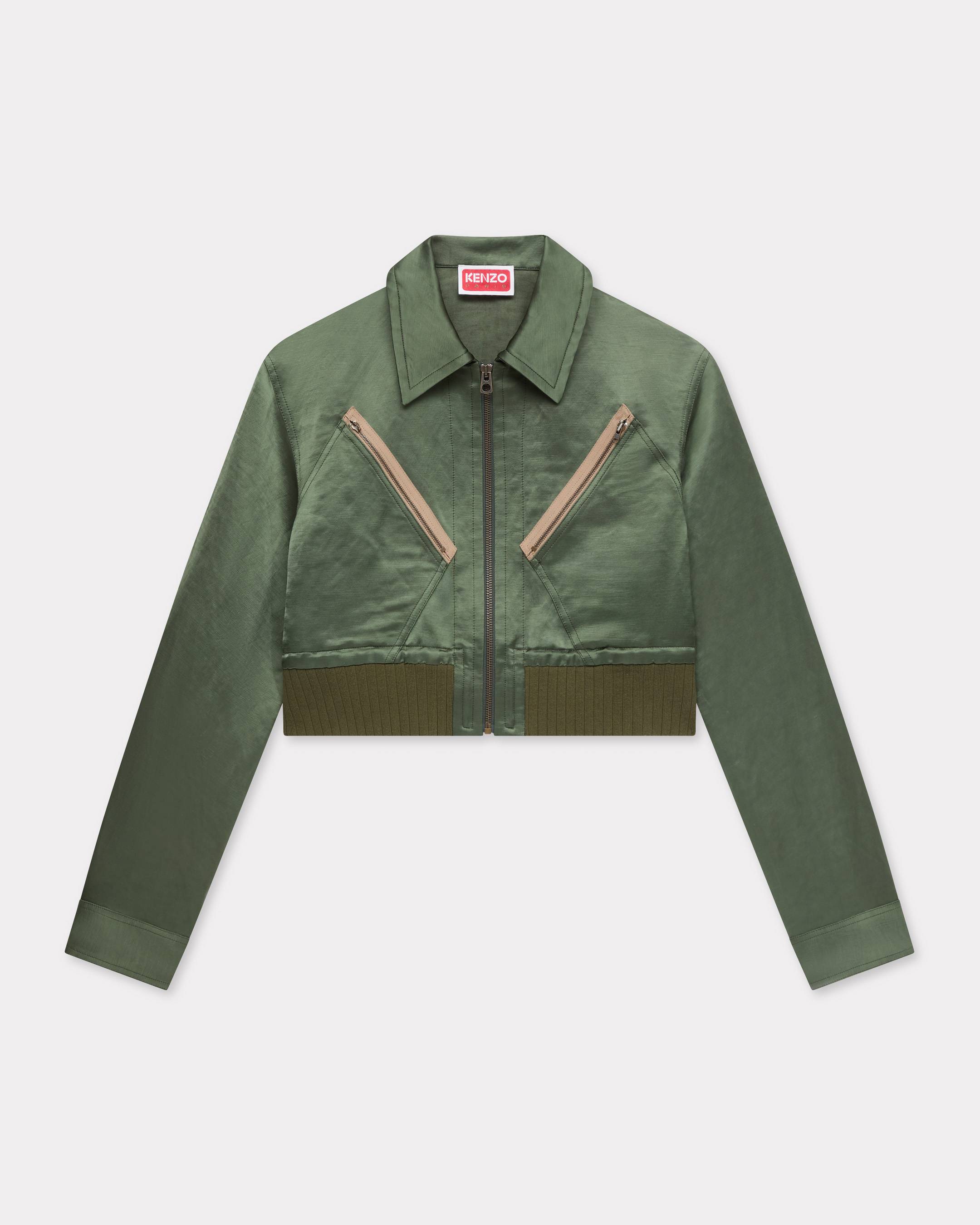 KENZO Cropped Bomber In Satin Linen, Woman, Dark Khaki, Size 34, Linen/viscose