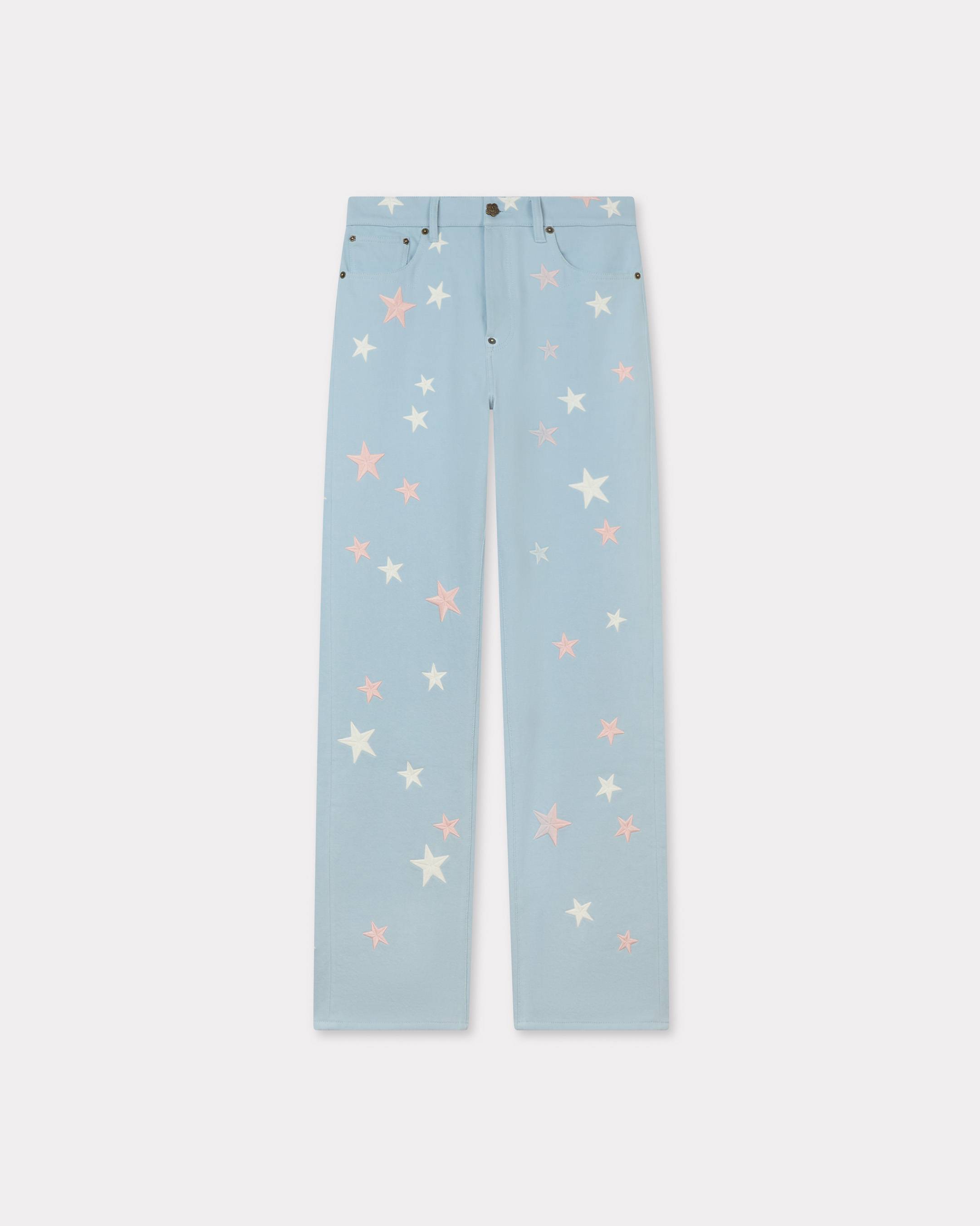 KENZO ' Stars' Embroidered Low-waist Pants In Japanese Denim, Woman, Sky Blue, Size 27, Leather