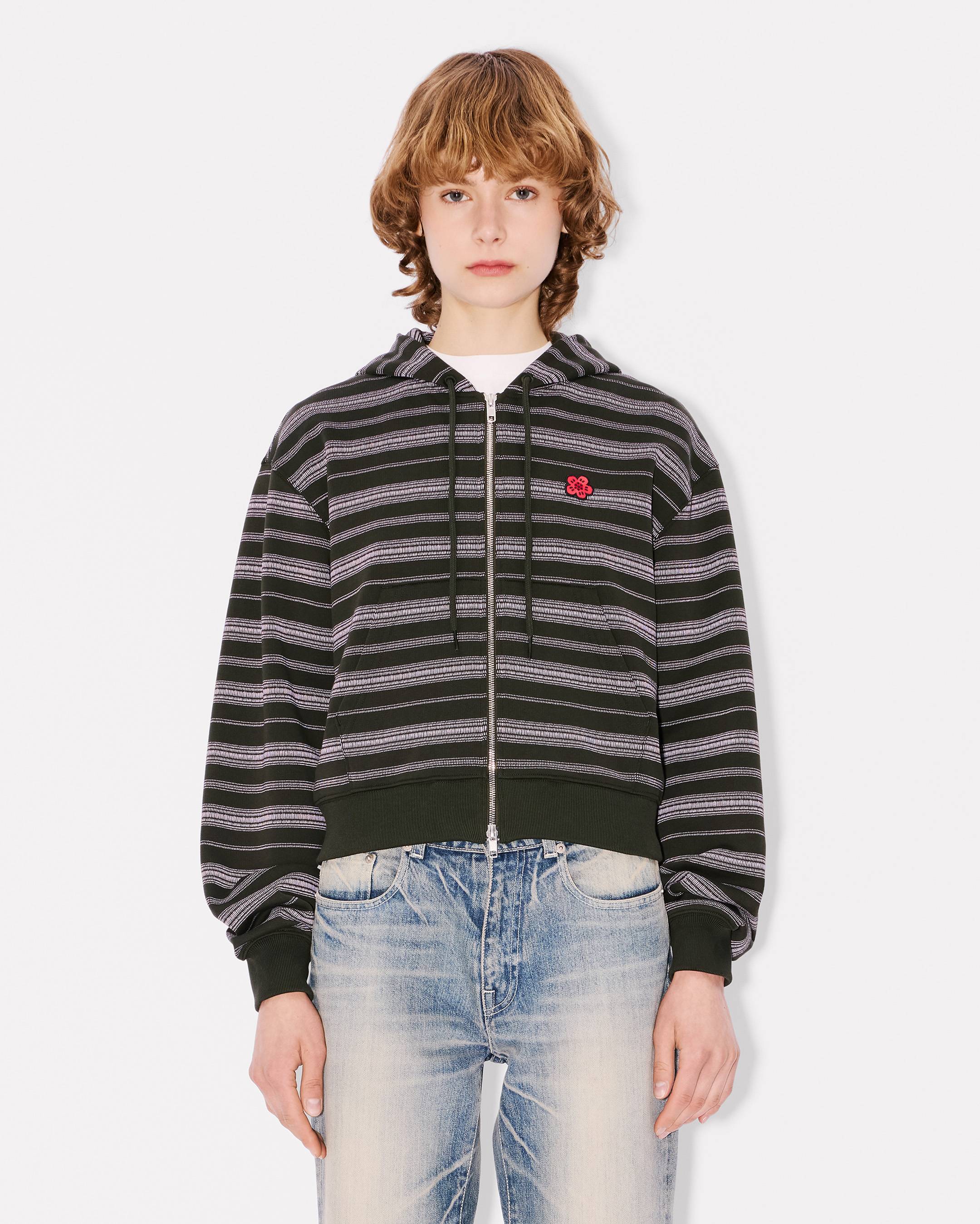 'Boke Flower' stripes short zip-up hoodie in cotton