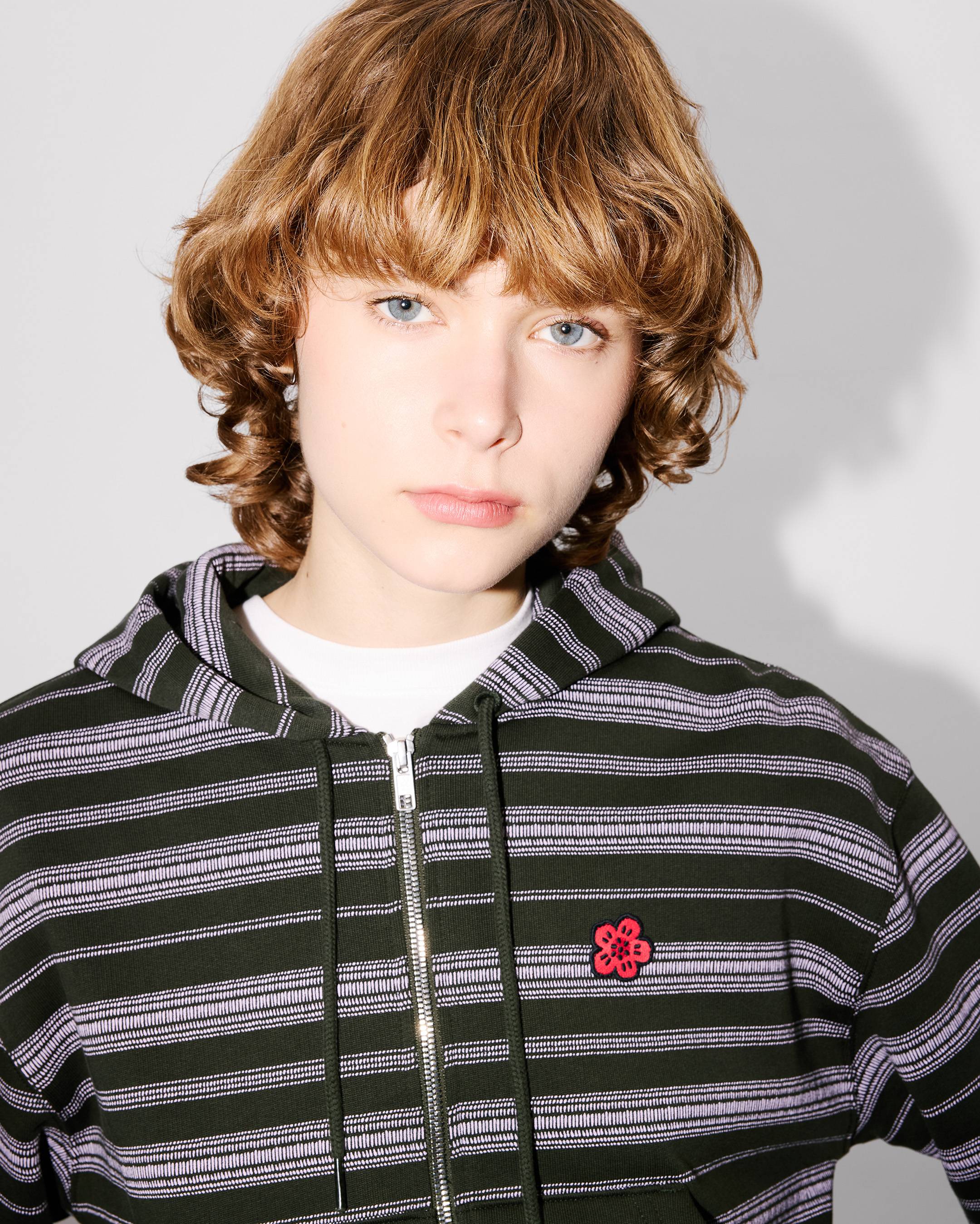 'Boke Flower' stripes short zip-up hoodie in cotton