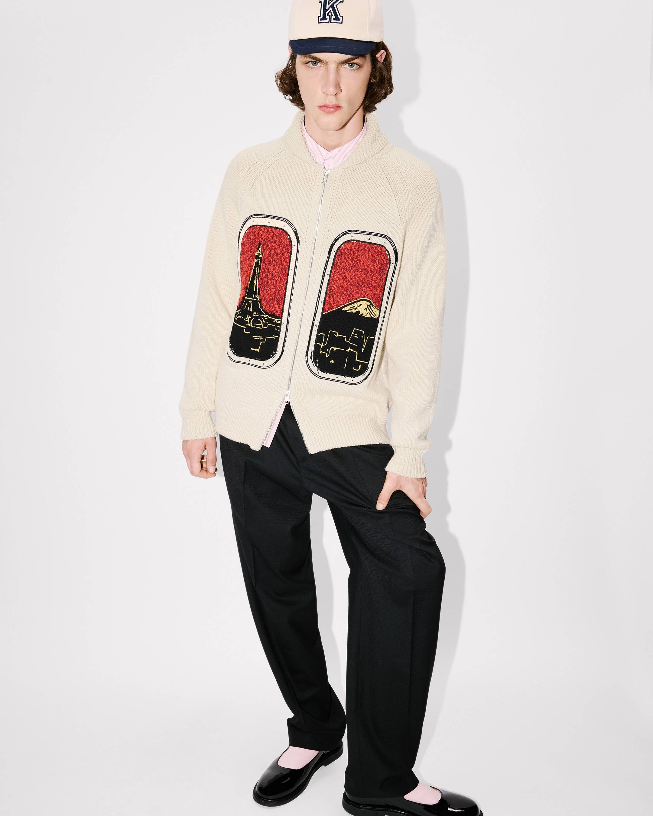 'KENZO City' embroidered zipped knitted cardigan in wool cotton