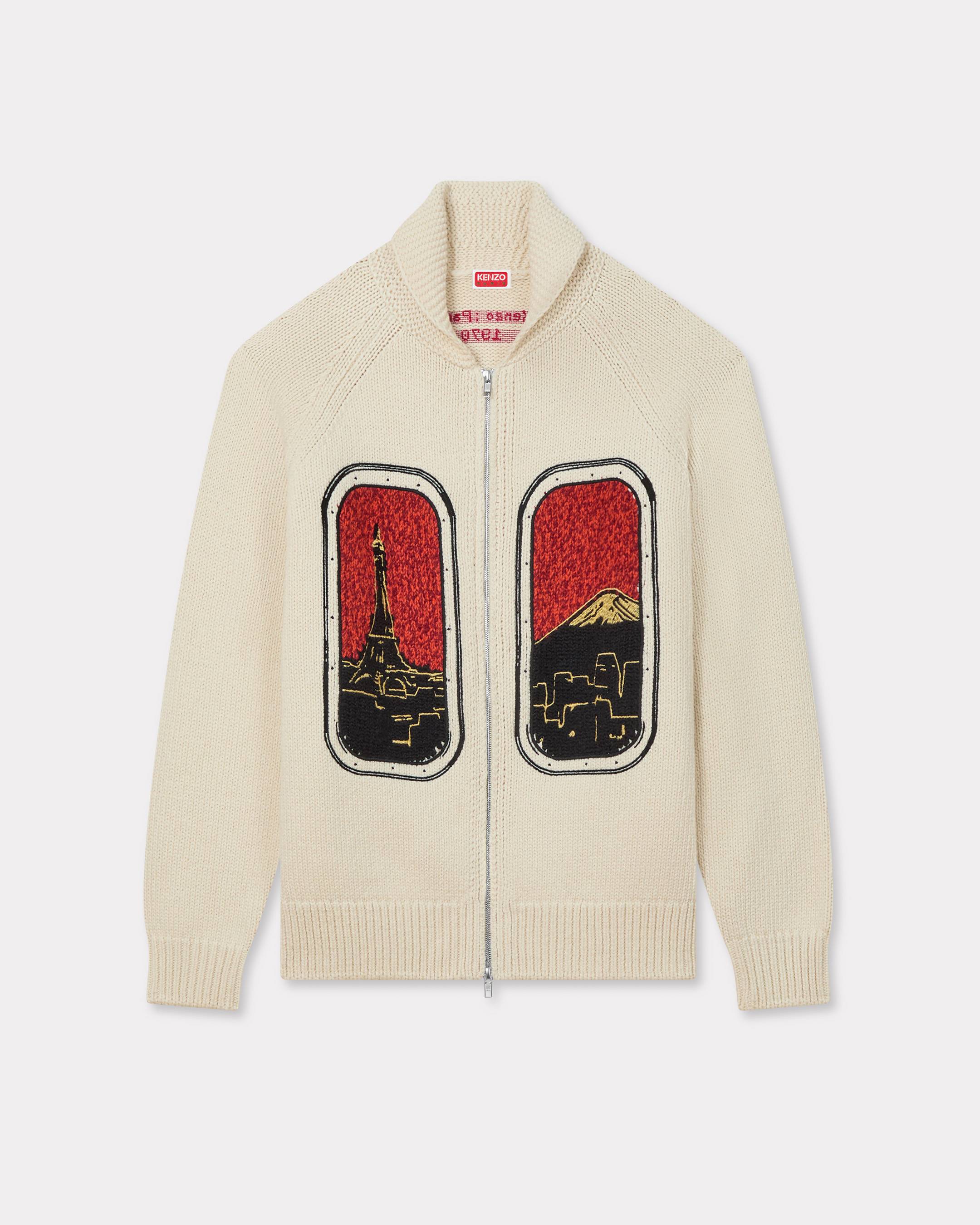 KENZO ' City' Embroidered Zipped Knitted Cardigan In Wool Cotton, Man, Off White, Size Xs, Cotton