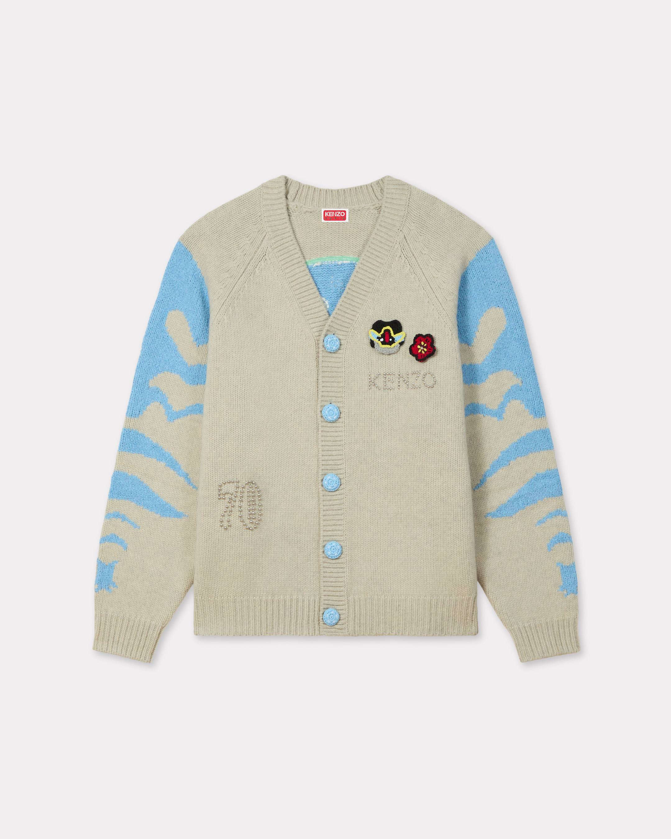 KENZO ' Pachinko' Embroidered Cardigan In Wool Cotton, Man, Pale Gray, Size M, Cotton