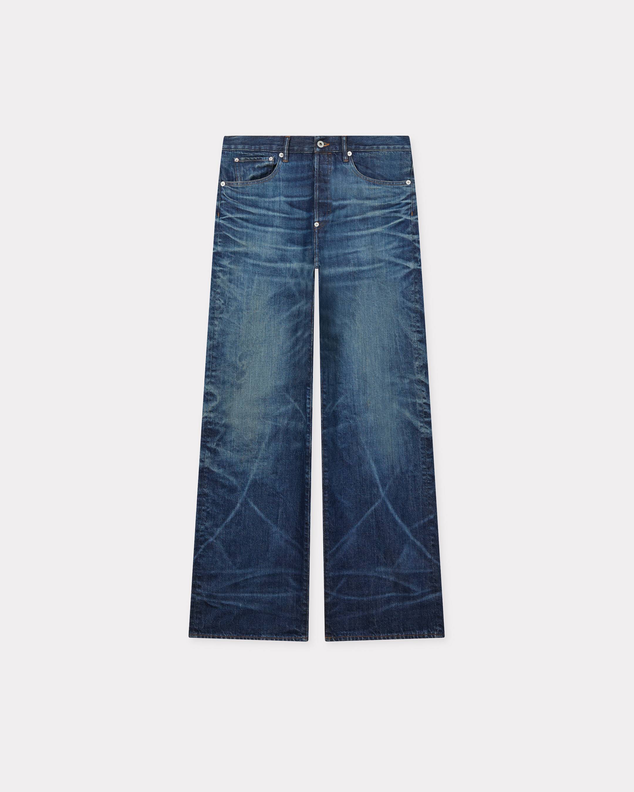 KENZO Turn Up Wide Fit Jeans In Japanese Denim, Man, Stone Bl Dirty Blue Size 33, Leather