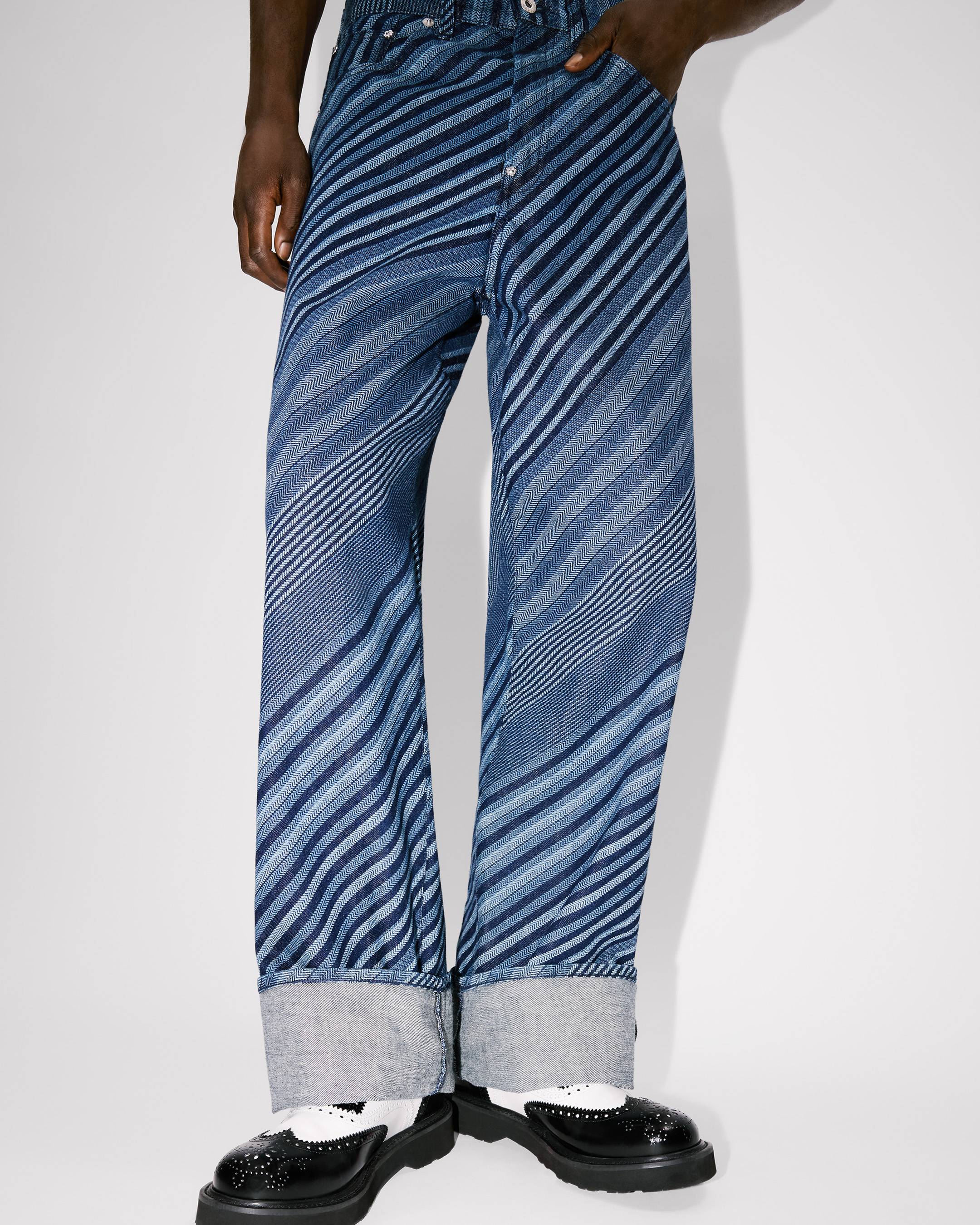 'Kenzo Diagonal Stripe' turn up wide fit jeans in Japanese denim