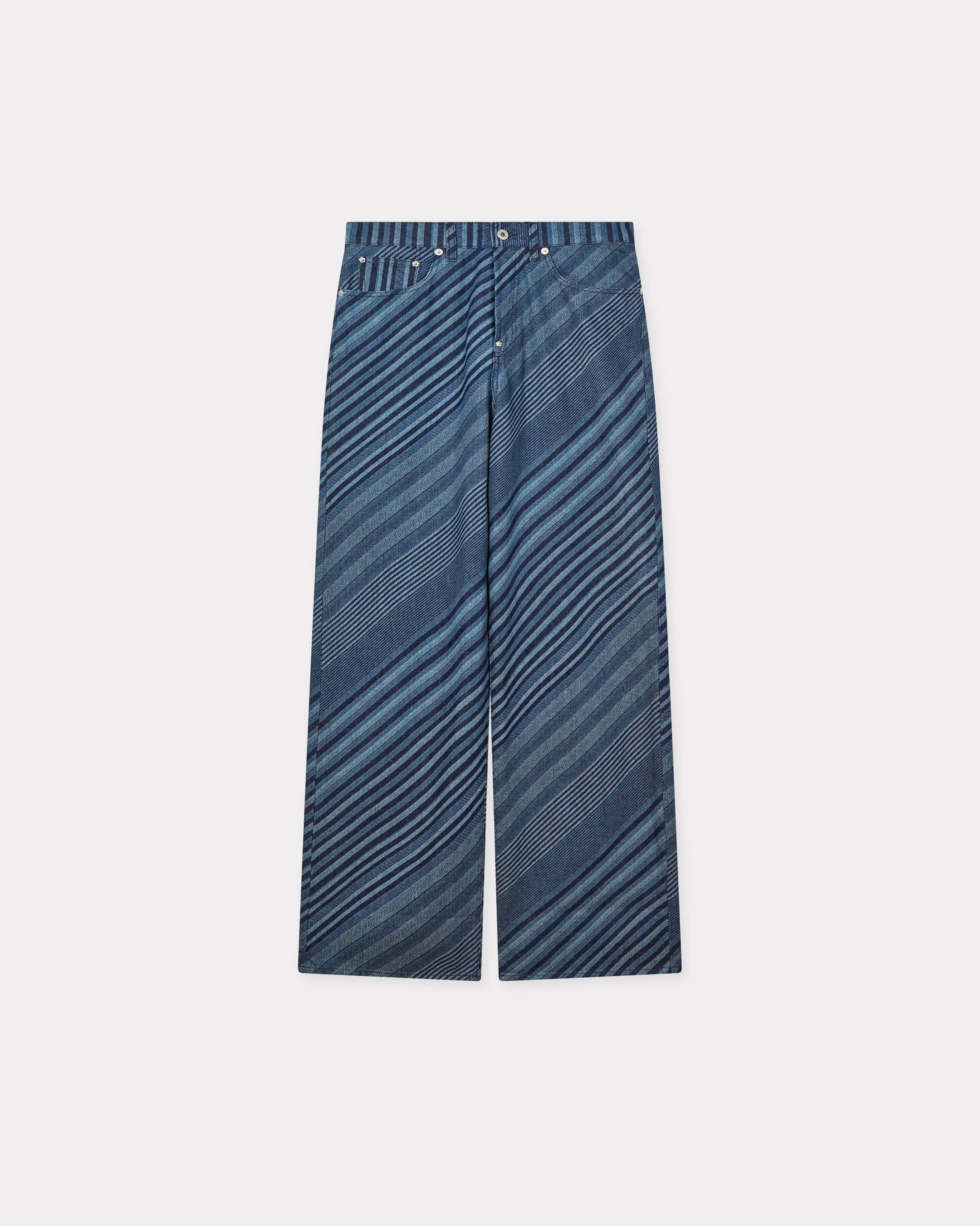 KENZO ' Diagonal Stripe' Turn Up Wide Fit Jeans In Japanese Denim, Man, Rinse Blue Size 29, Leather