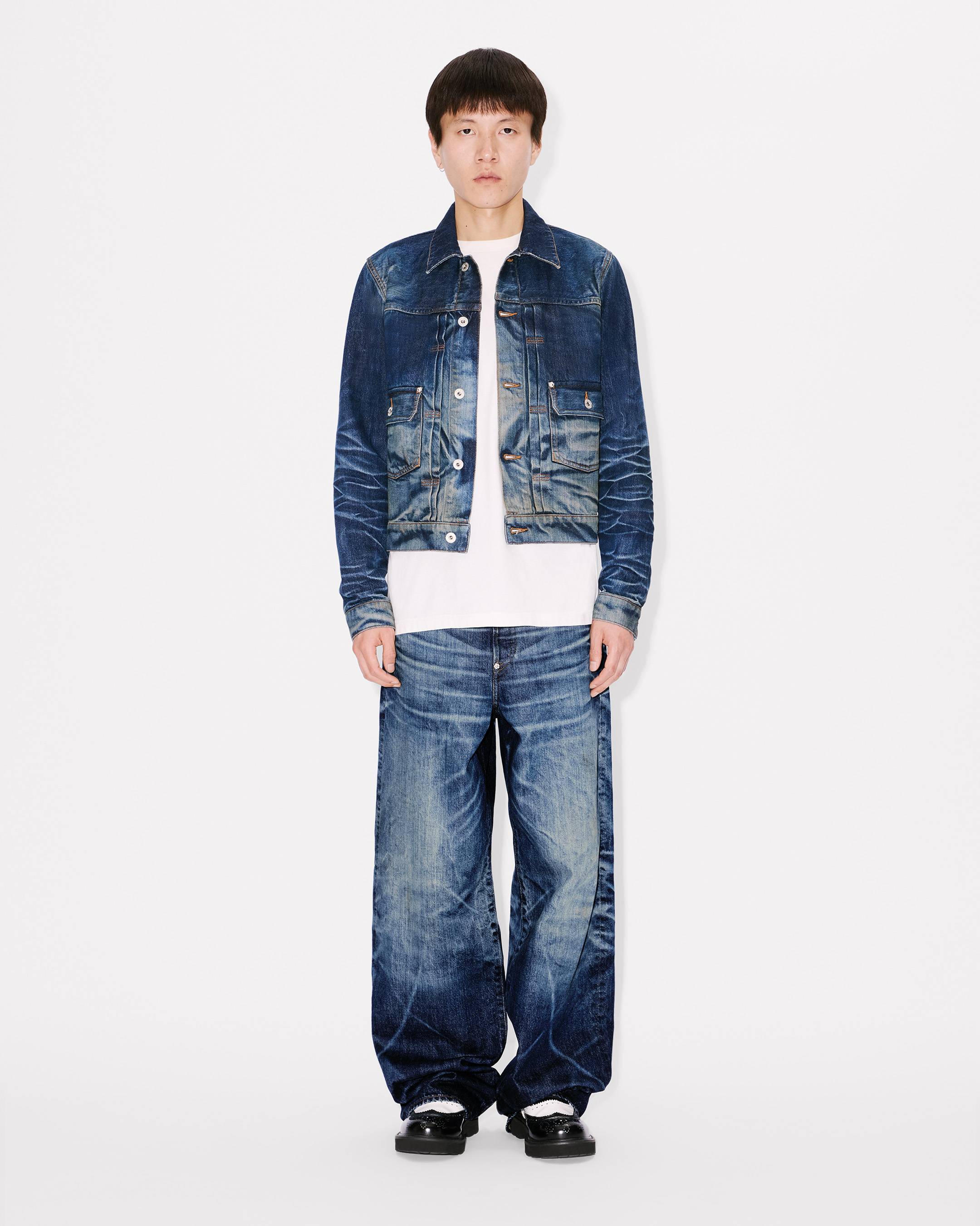 Slim pleated trucker in jacket in Japanese denim