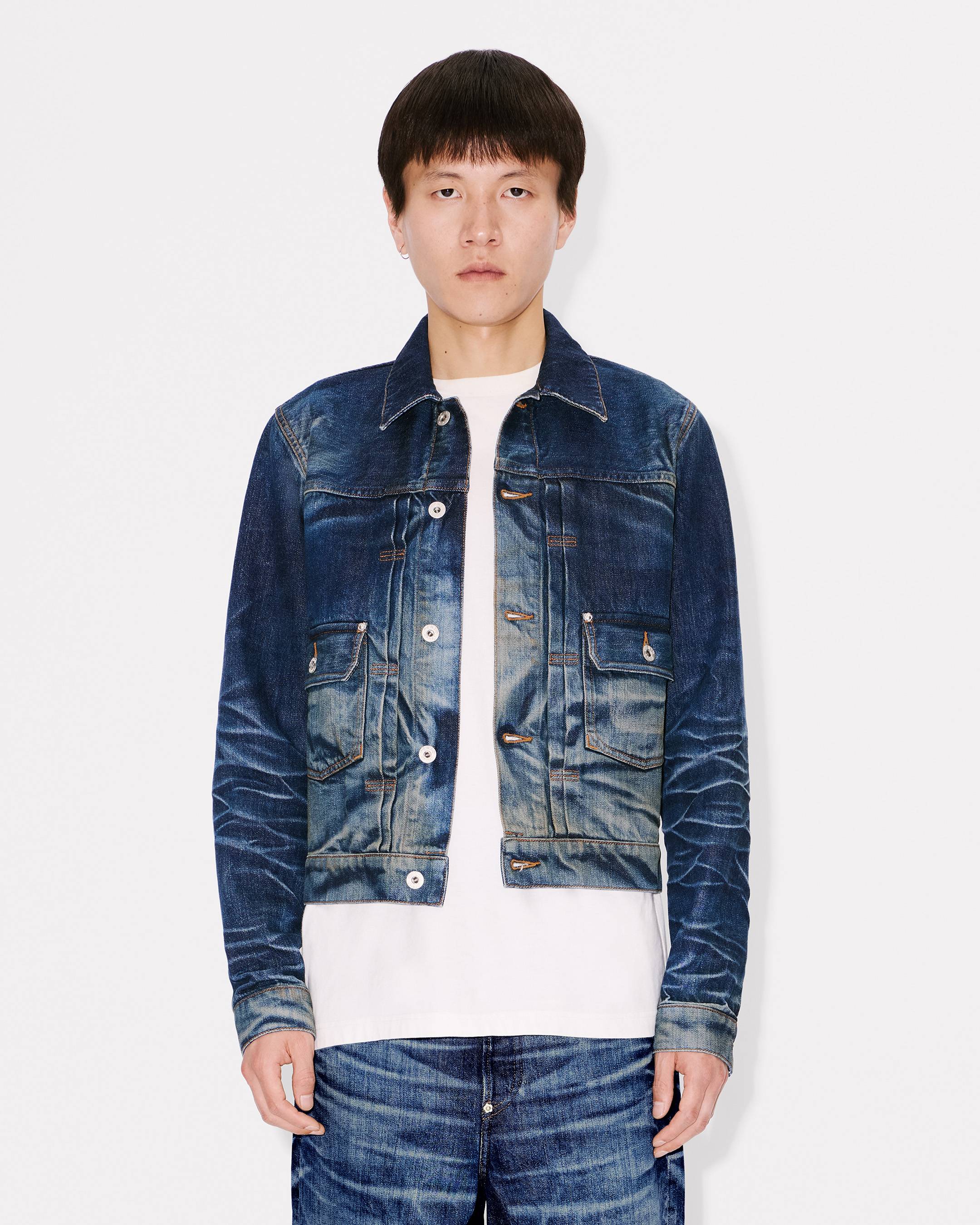 Slim pleated trucker in jacket in Japanese denim