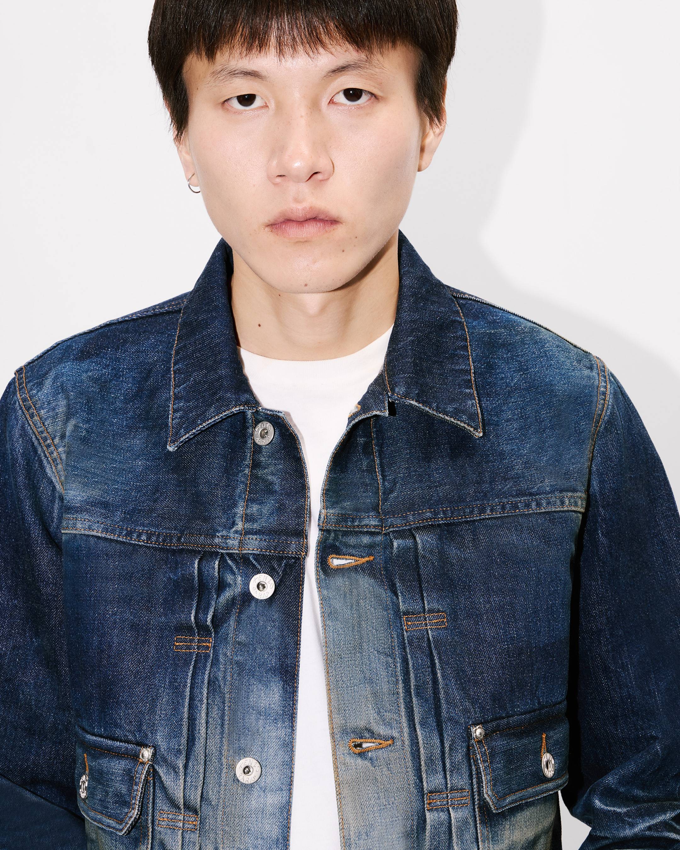 Slim pleated trucker in jacket in Japanese denim