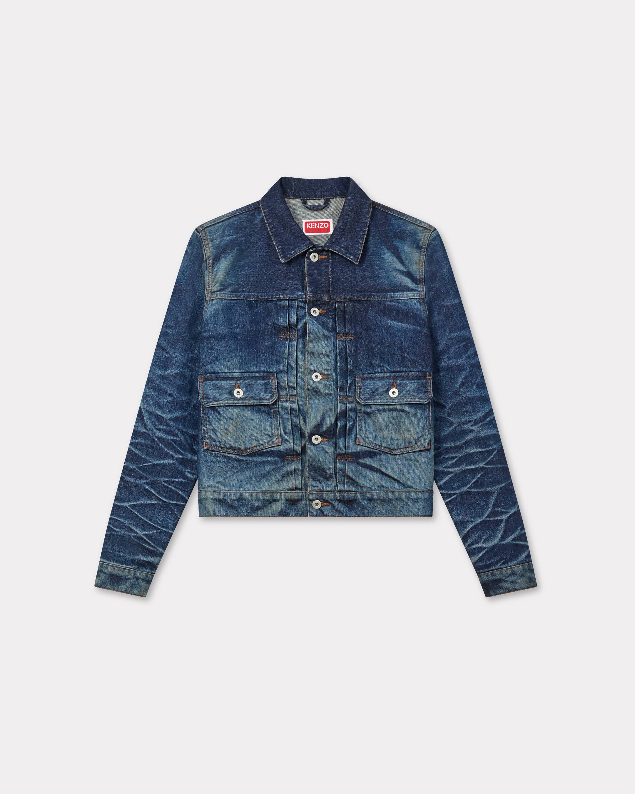 KENZO Slim Pleated Trucker In Jacket Japanese Denim Stone Bl Dirty Blue Denim- Mens - Size S