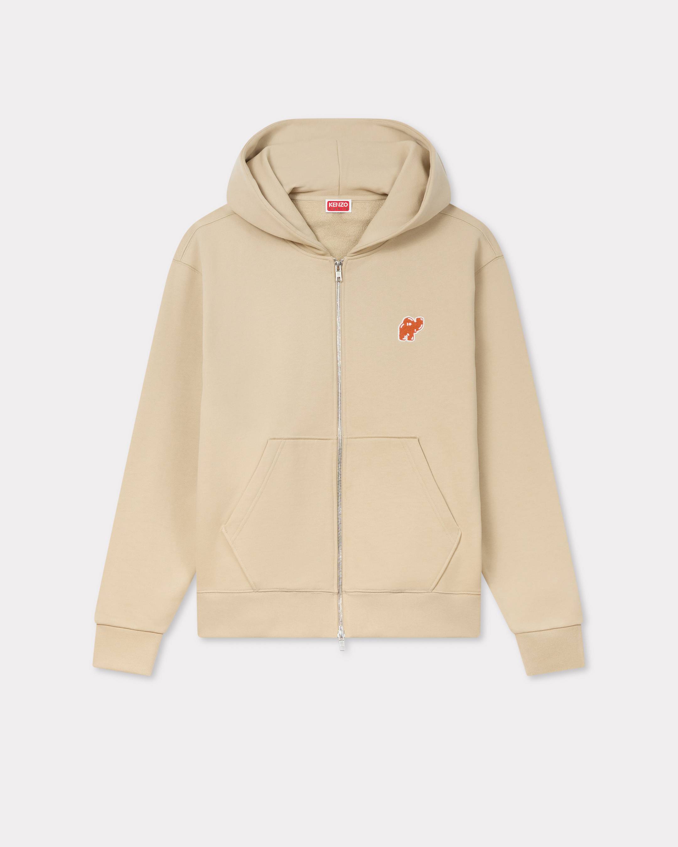 KENZO ' Elephant Logo' Embroidered Full-zip Hoodie , Man, Beige, Size S, Cotton