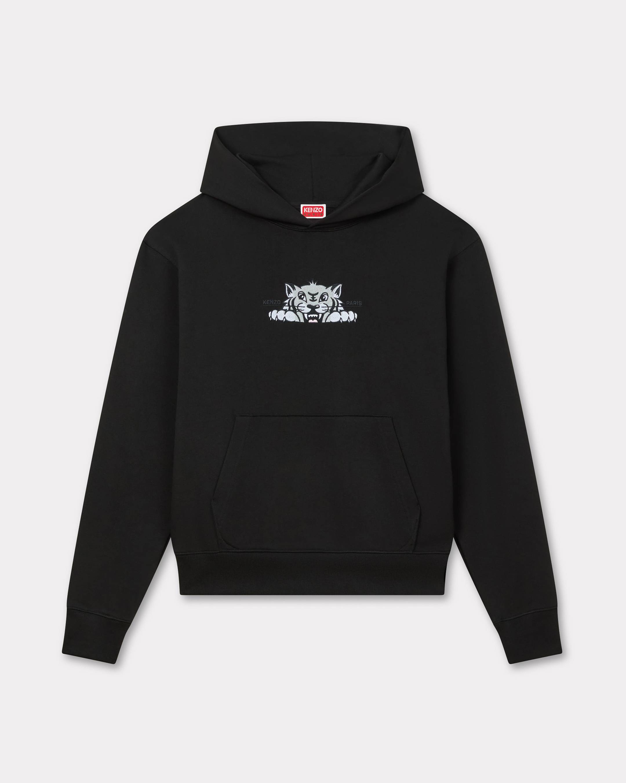 KENZO ' Happy Tiger' Embroidered Hoodie , Man, Black, Size Xl, Cotton