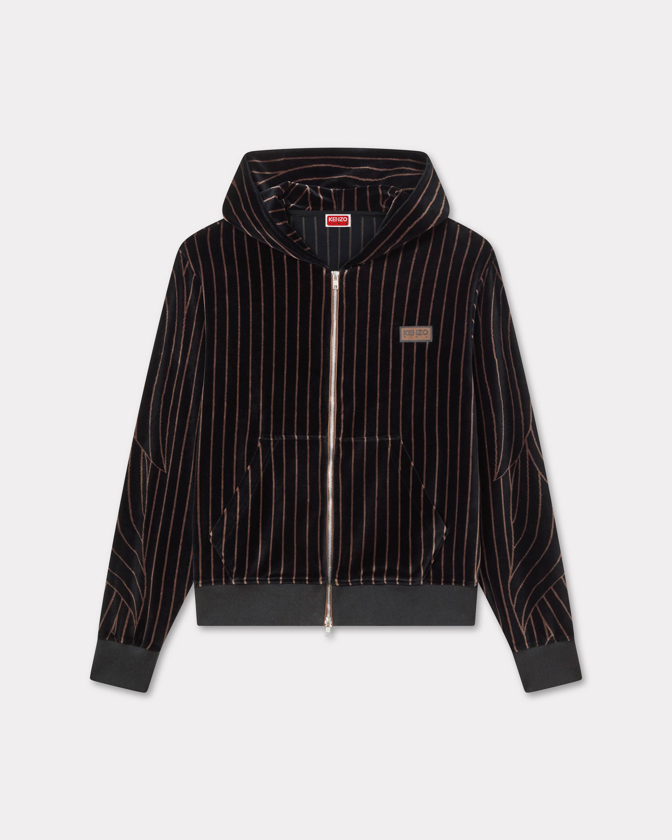 KENZO ' Leaf Stripe' Zipped Hoodie In Velvet, Man, Black, Size Xl, Cotton