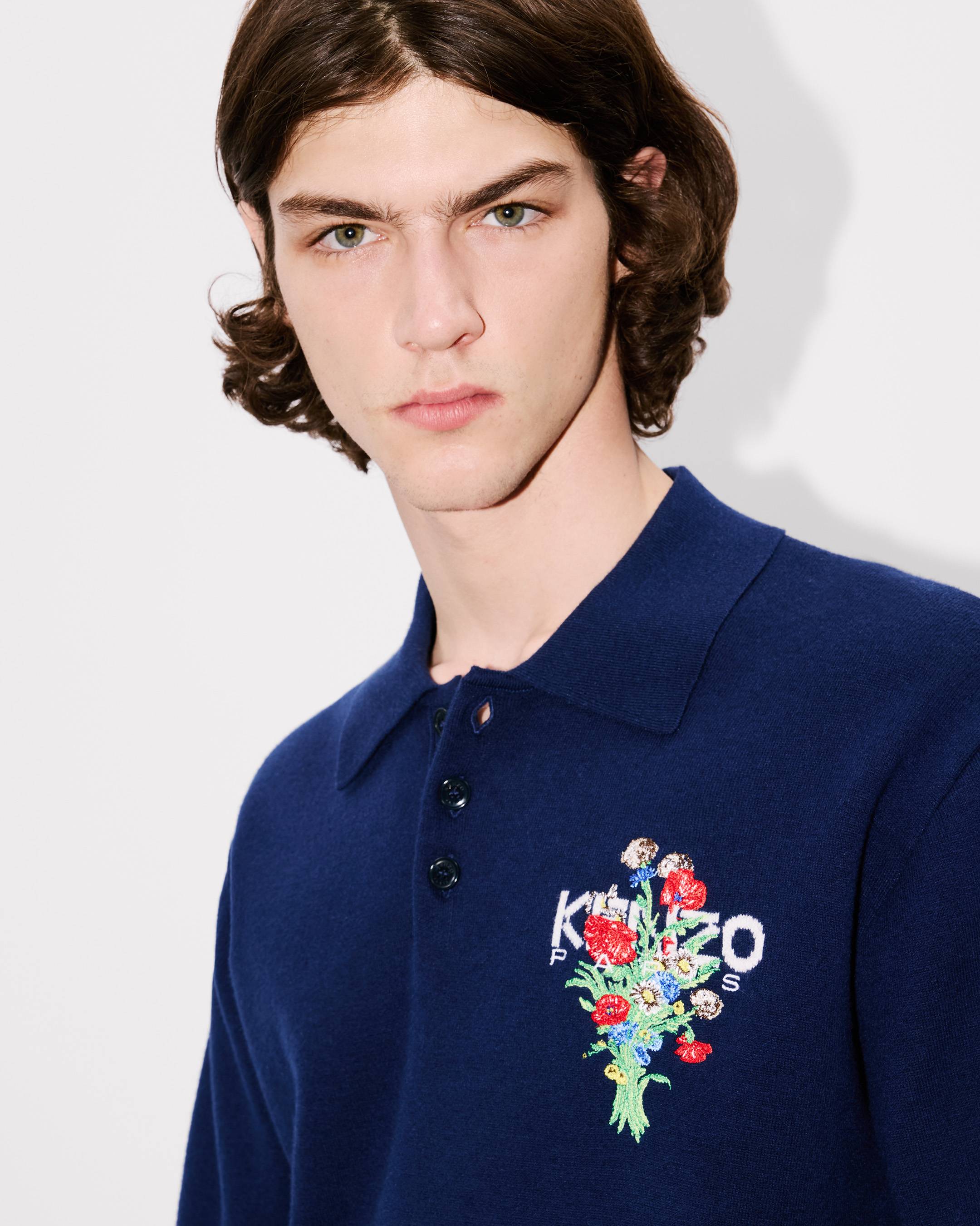 Polo lavorata a maglia in cotone lana con ricamo 'KENZO Archive Bouquet'