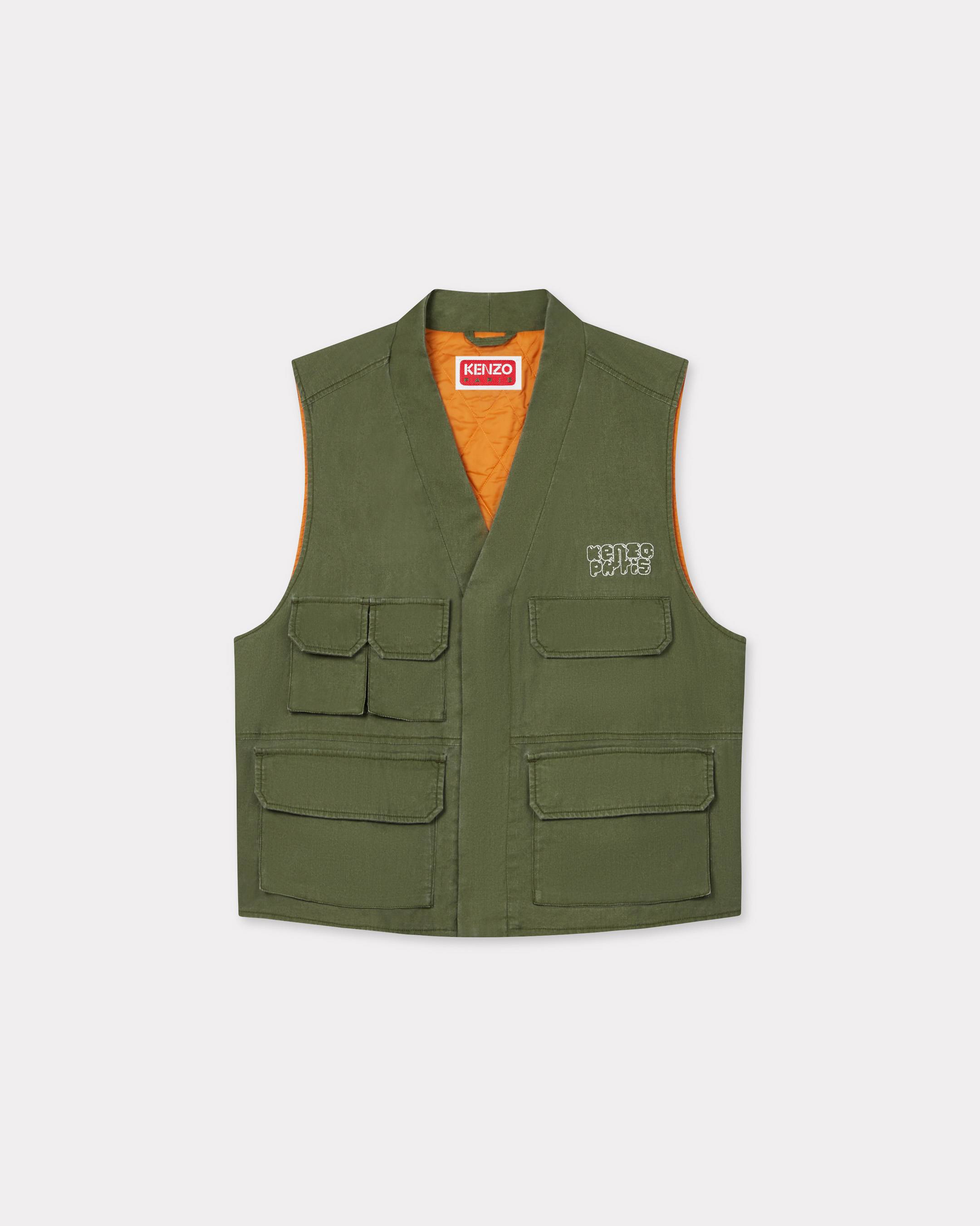 KENZO ' Elephant Logo' Embroidered Multipocket Gilet In Coated Cotton, Man, Dark Khaki, Size Xxl, Cotton