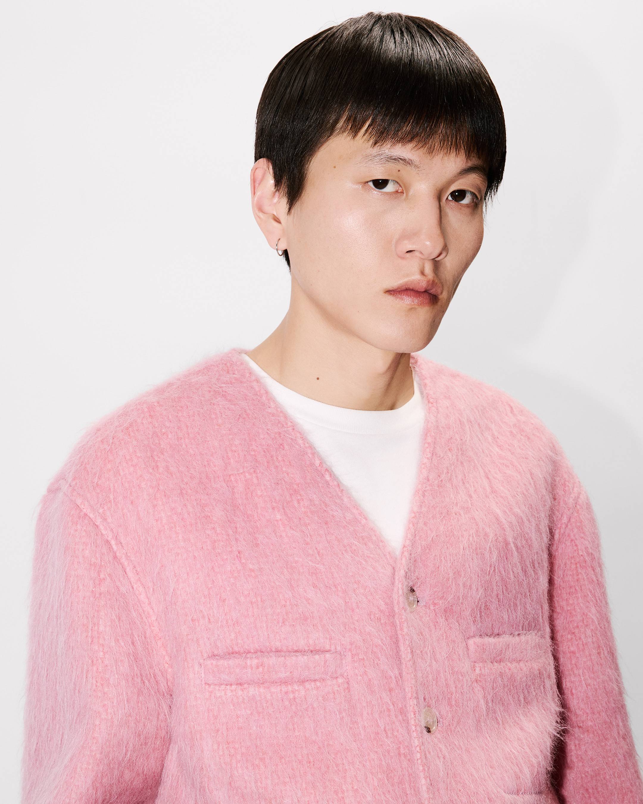 Collarless jacket in hairy wool alpaca and mohair