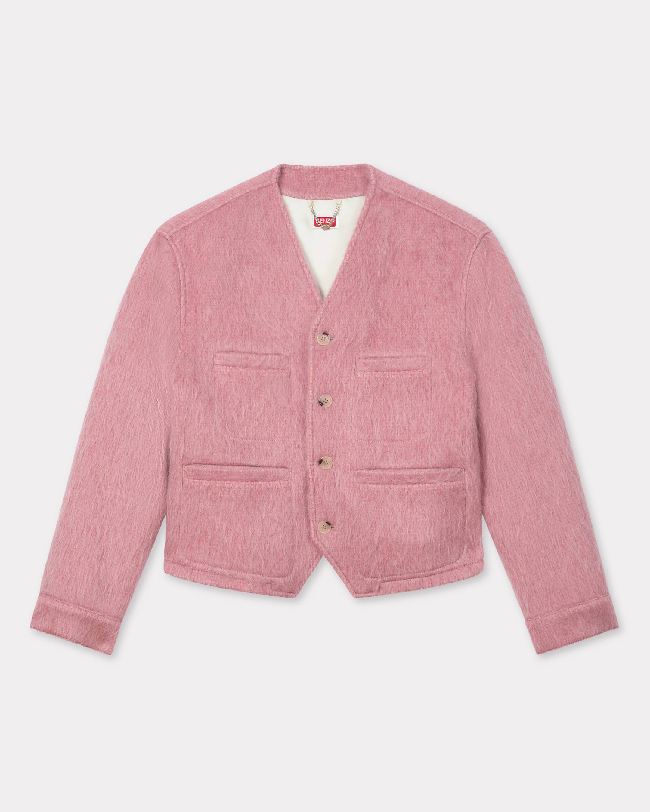 Collarless jacket in hairy wool alpaca and mohair