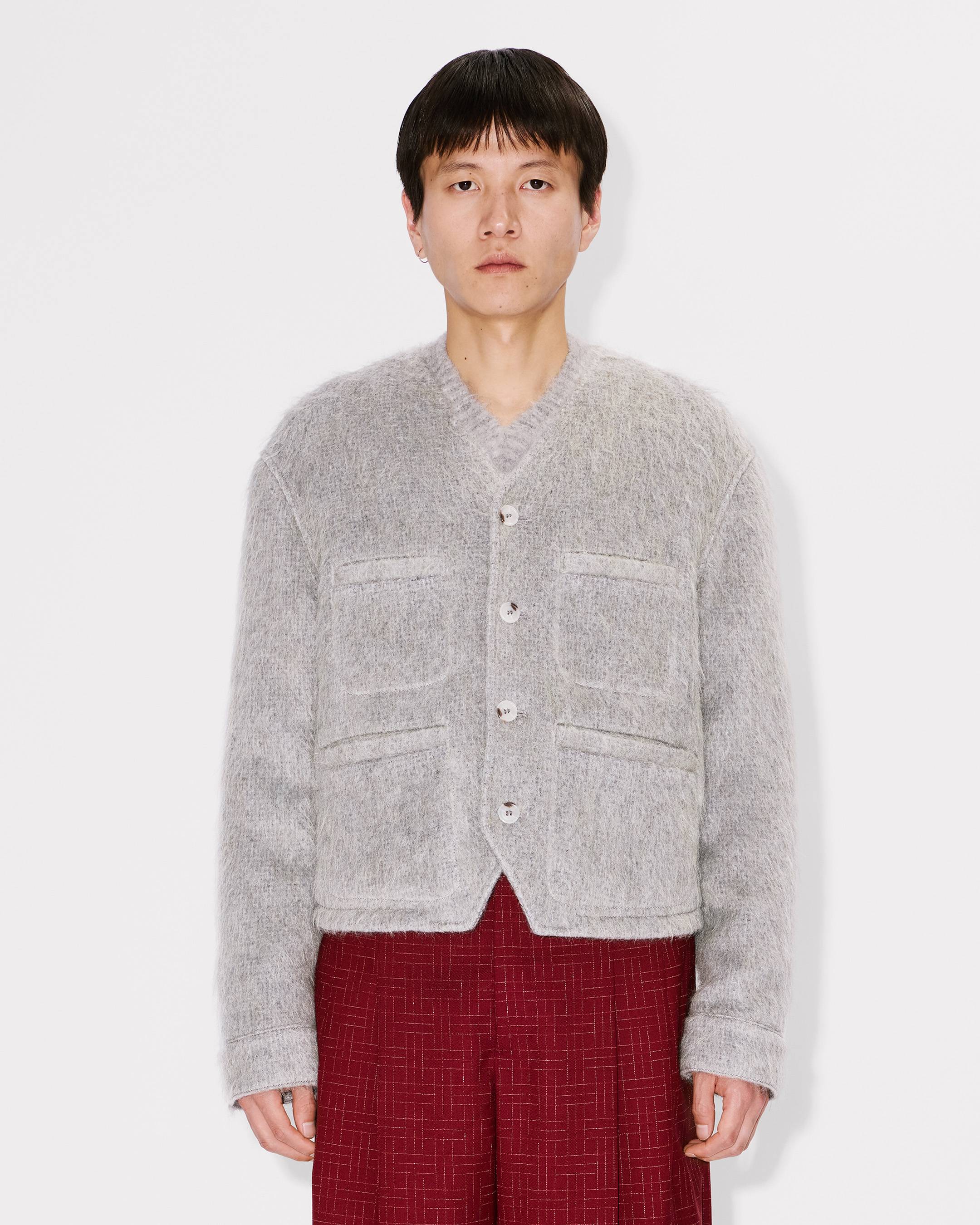 Collarless jacket hairy wool alpaca and mohair