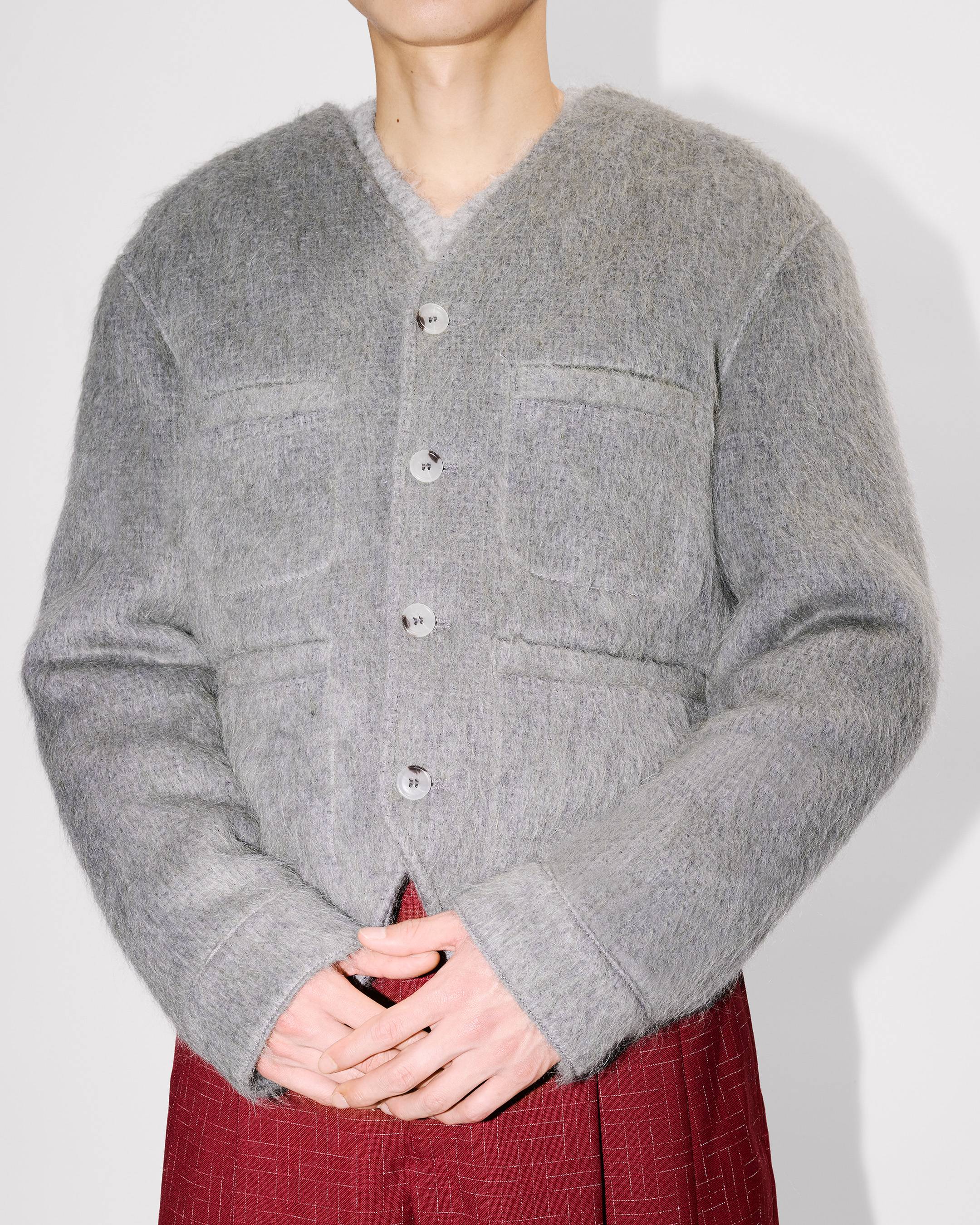 Collarless jacket hairy wool alpaca and mohair
