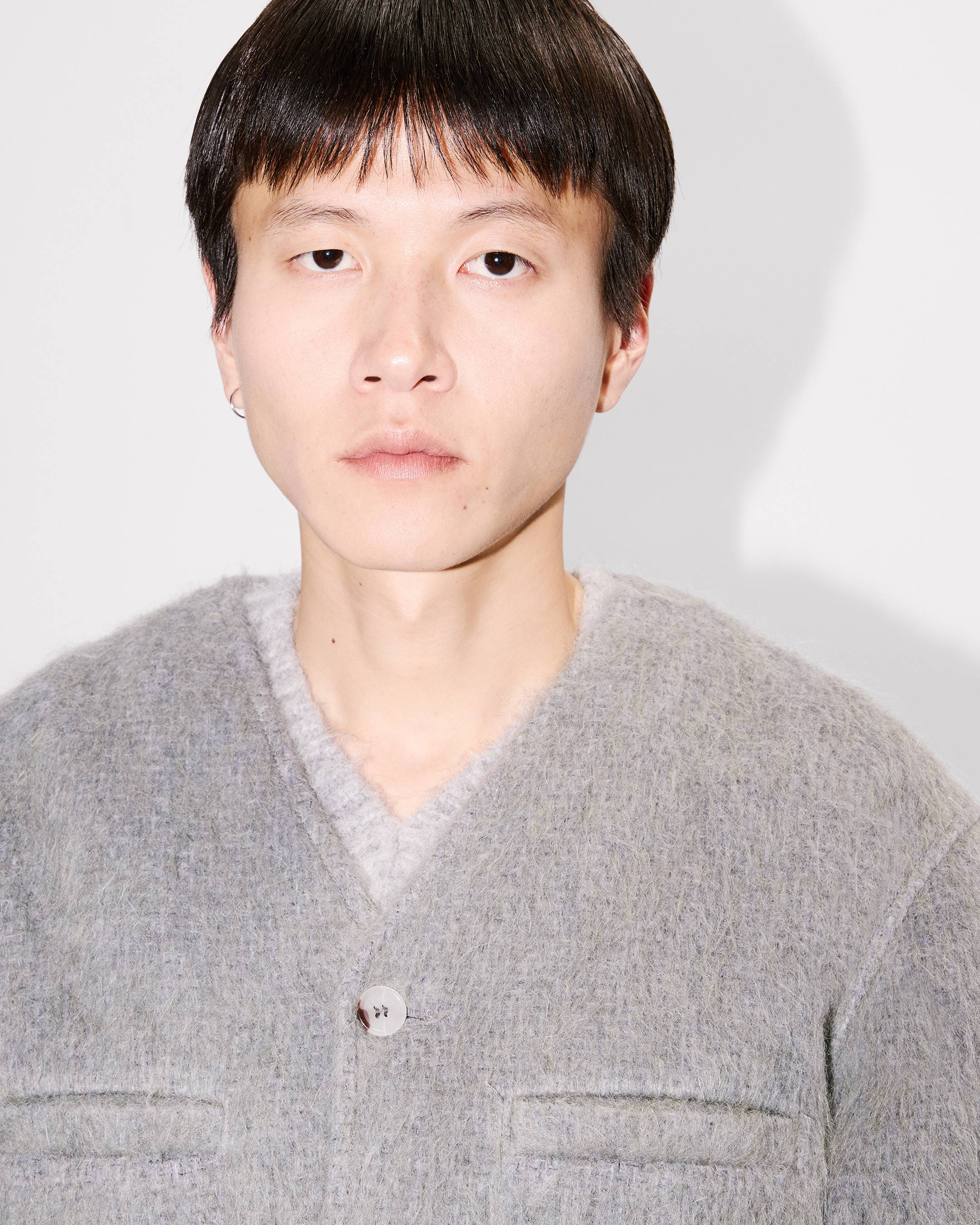 Collarless jacket in hairy wool alpaca and mohair