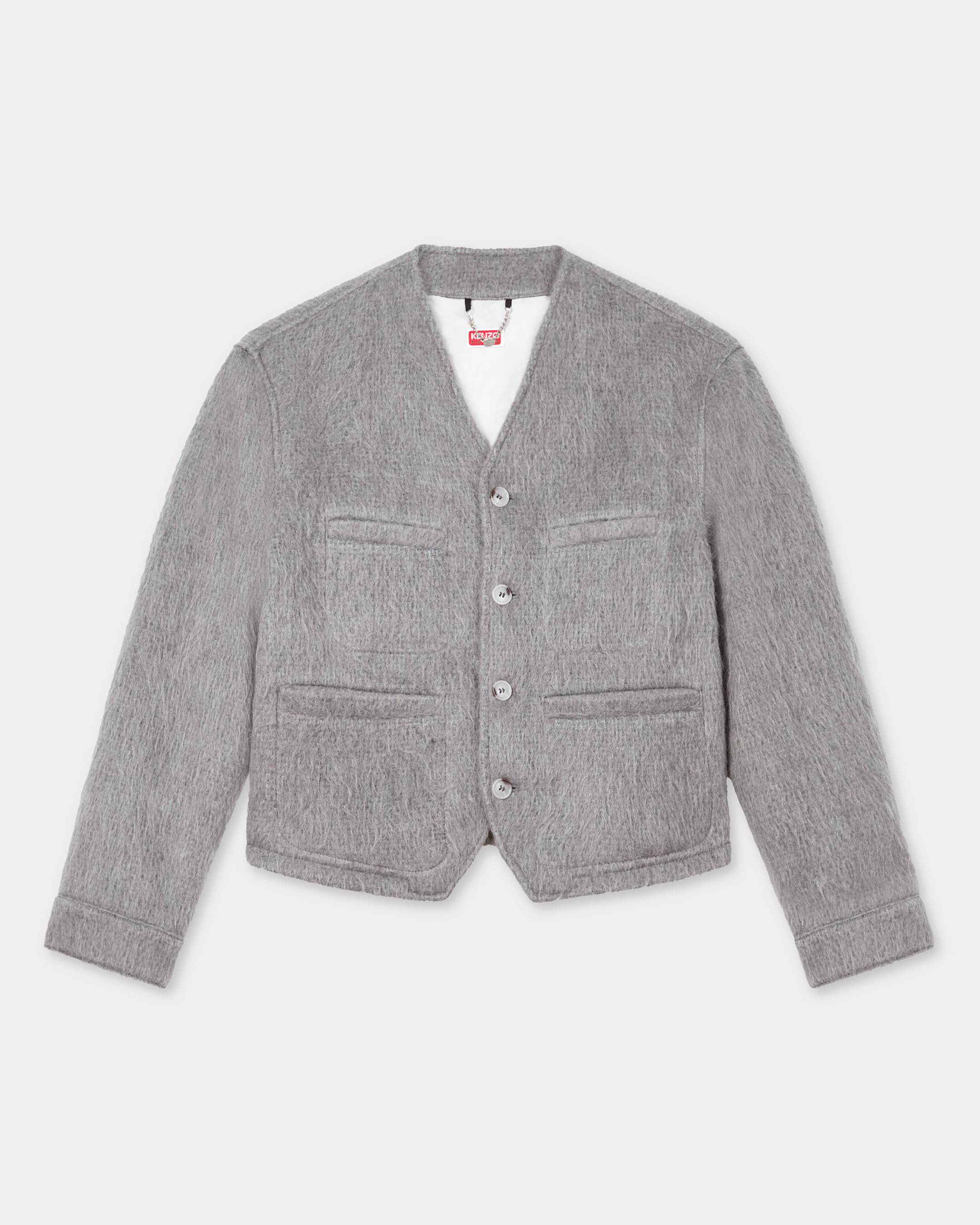 Collarless jacket in hairy wool alpaca and mohair