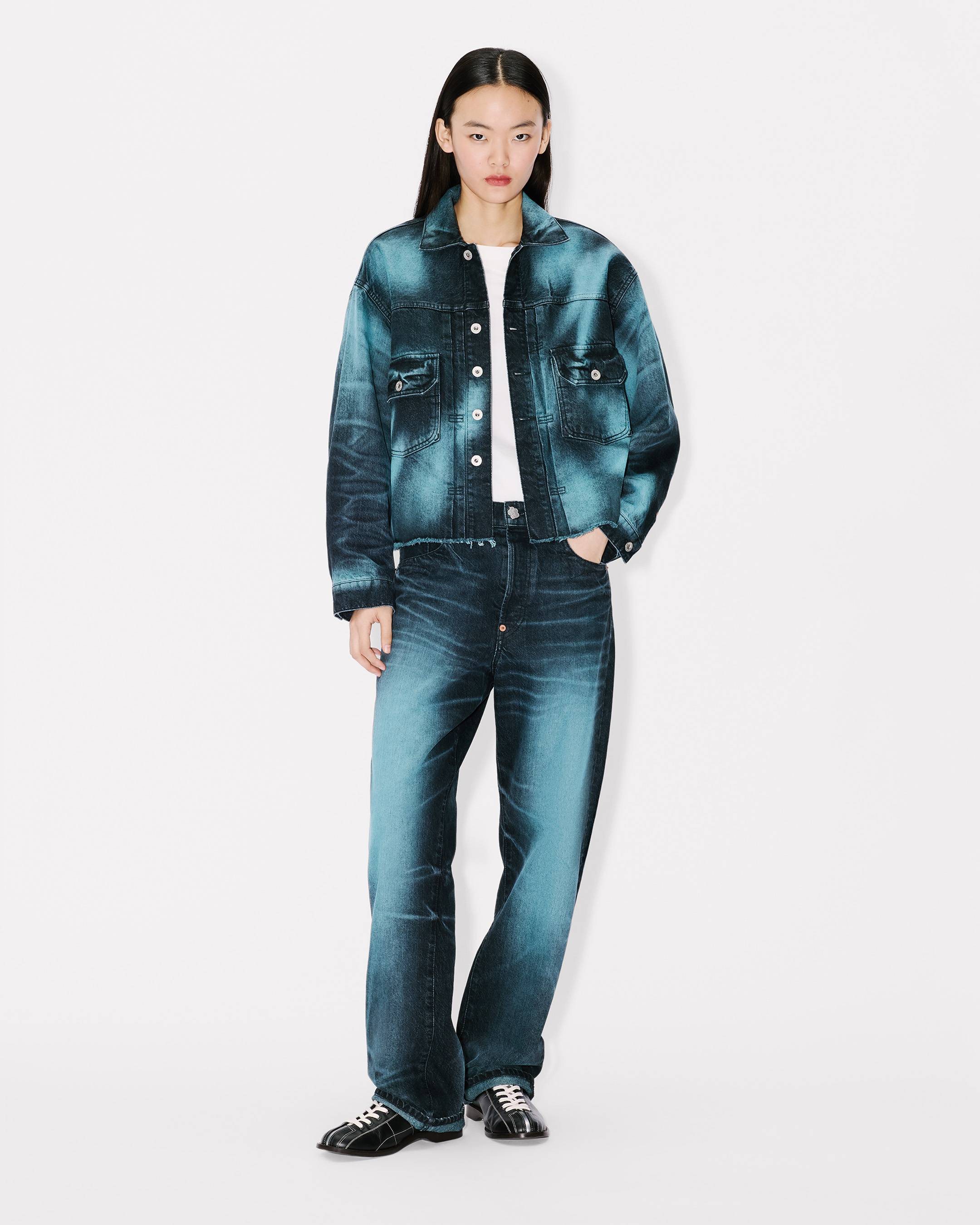 Giacca trucker 'Boke Flower' in denim giapponese