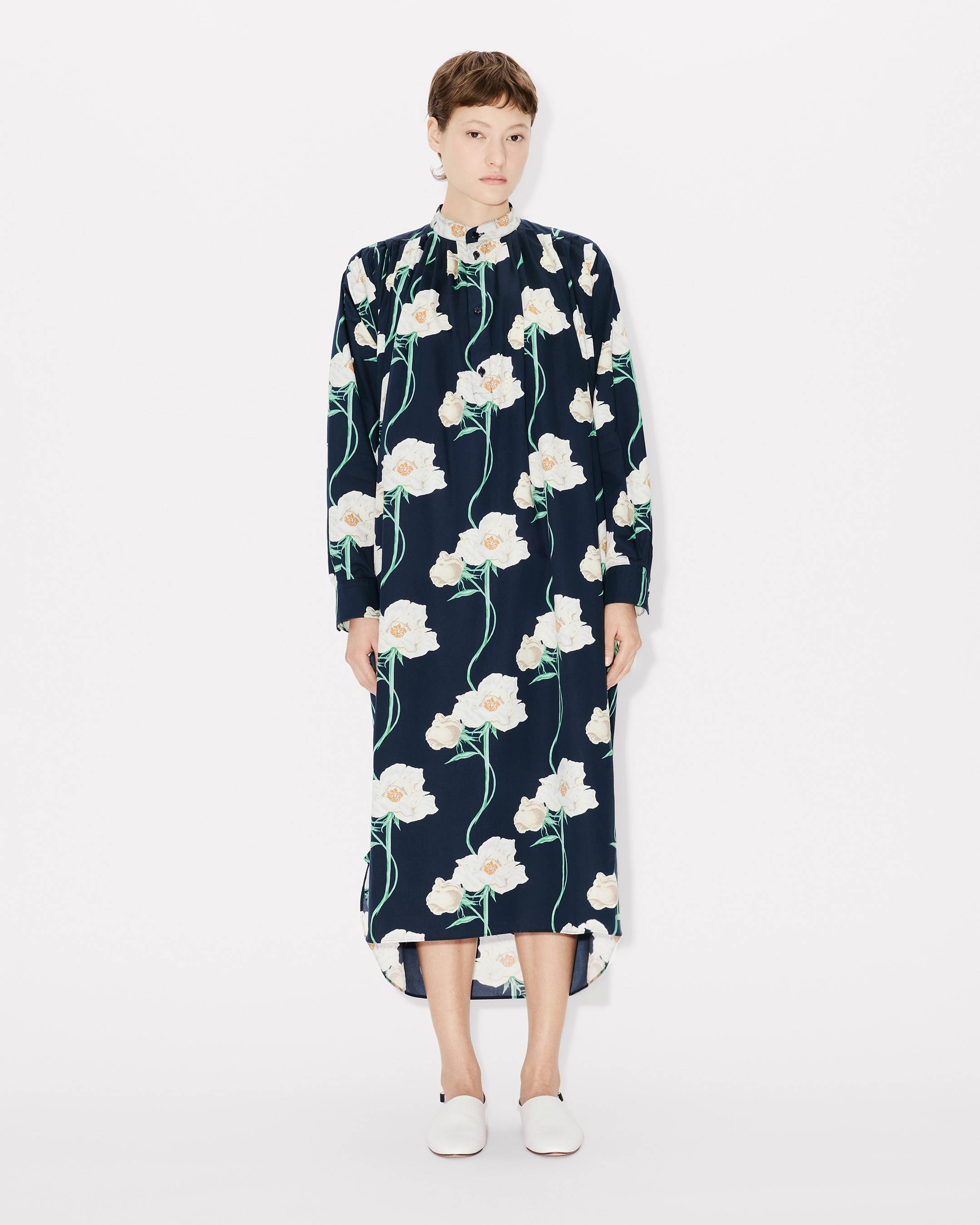 Langes Kleid mit Falten &bdquo;KENZO Archive Rose&ldquo; aus Baumwolle und Seide