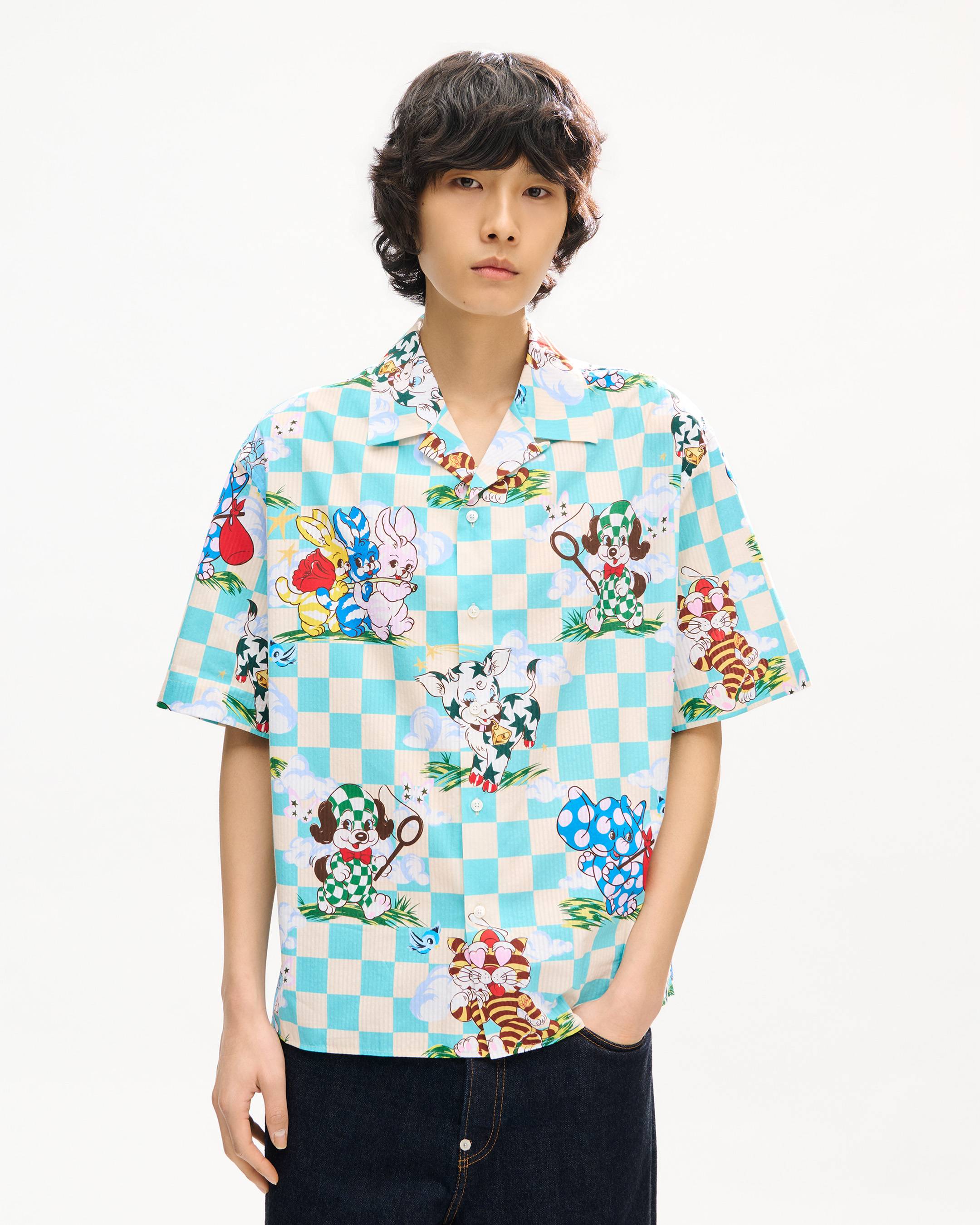 'KENZO Cartoon' hawaiian short sleeve shirt in cotton seersucker