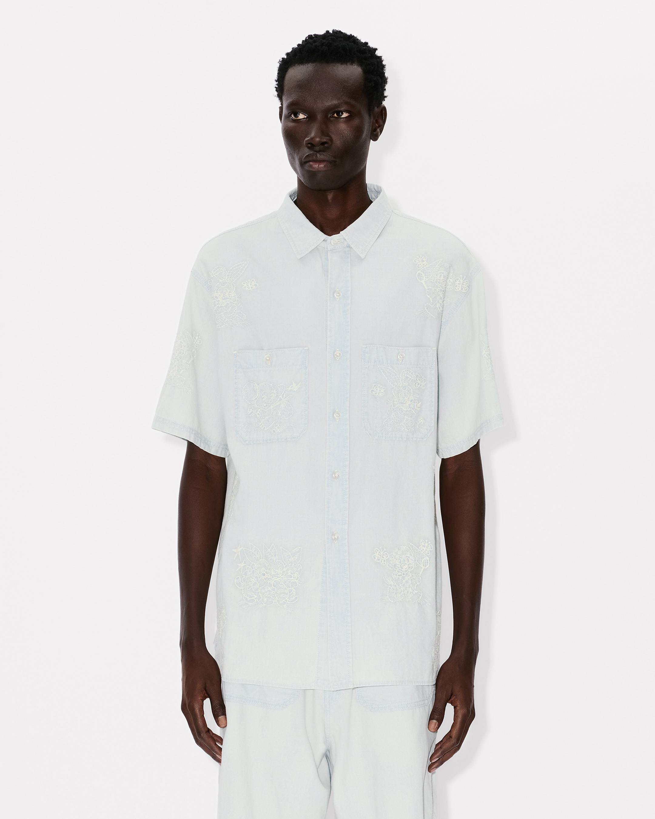 'KENZO Cartoon' embroidered short sleeve shirt in stone bleach chambray