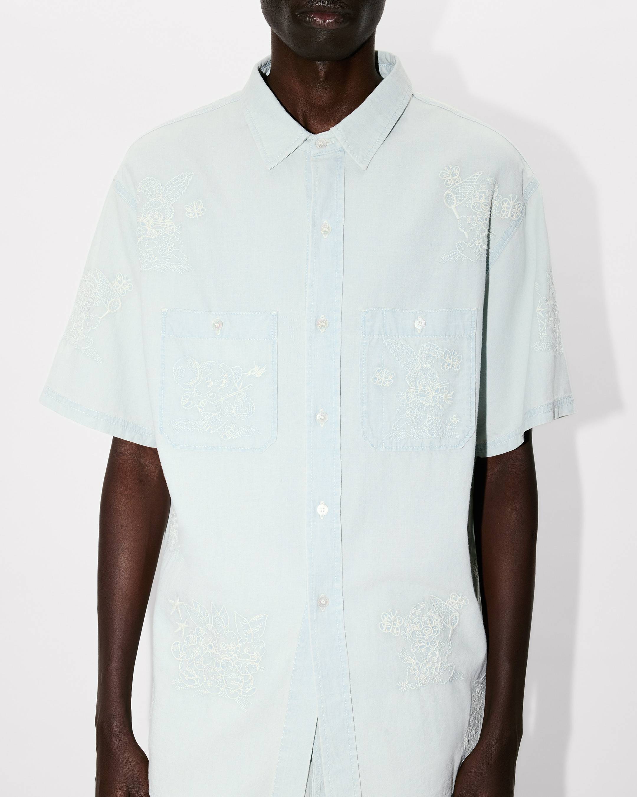'KENZO Cartoon' embroidered short sleeve shirt in stone bleach chambray