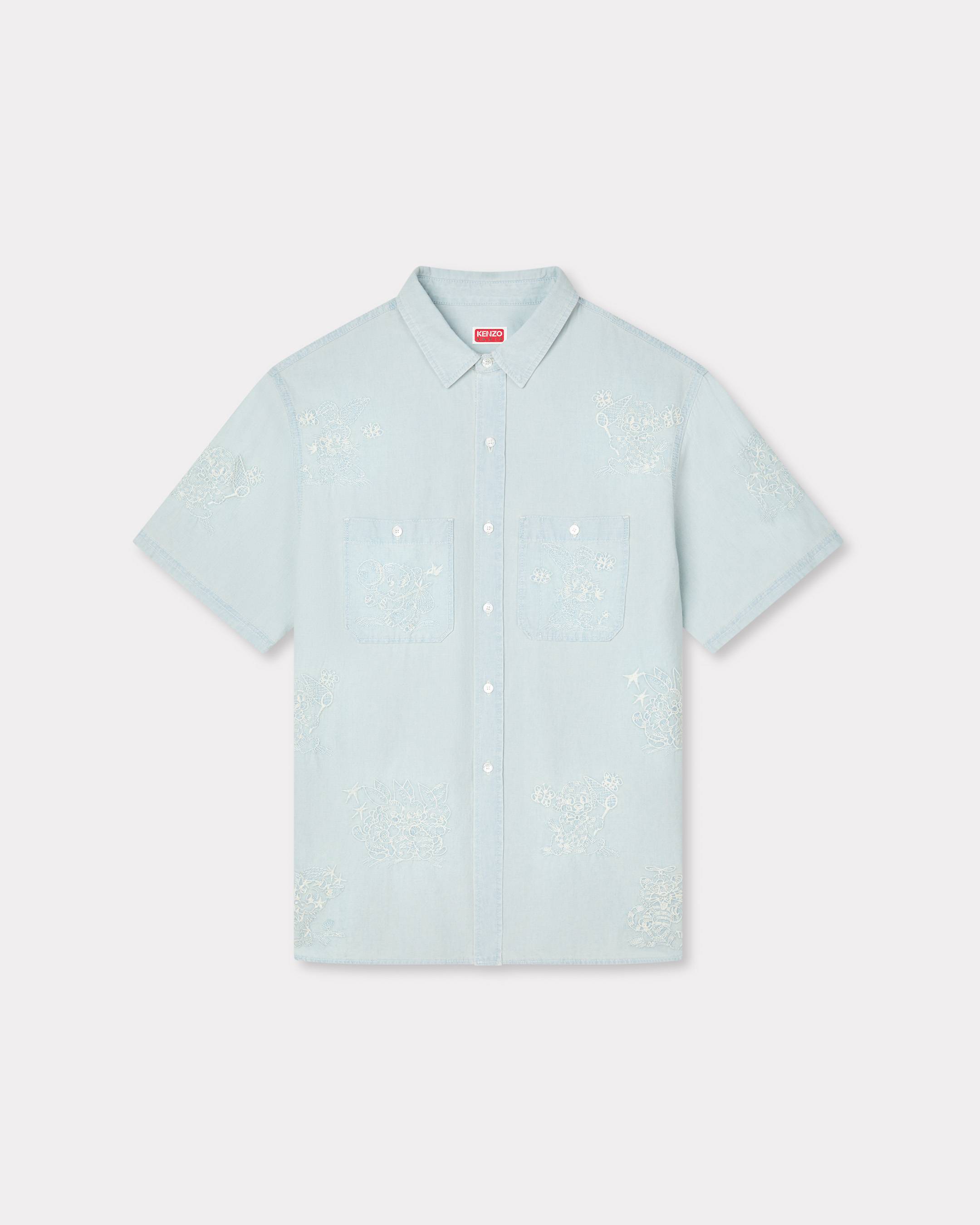 'KENZO Cartoon' embroidered short sleeve shirt in stone bleach chambray