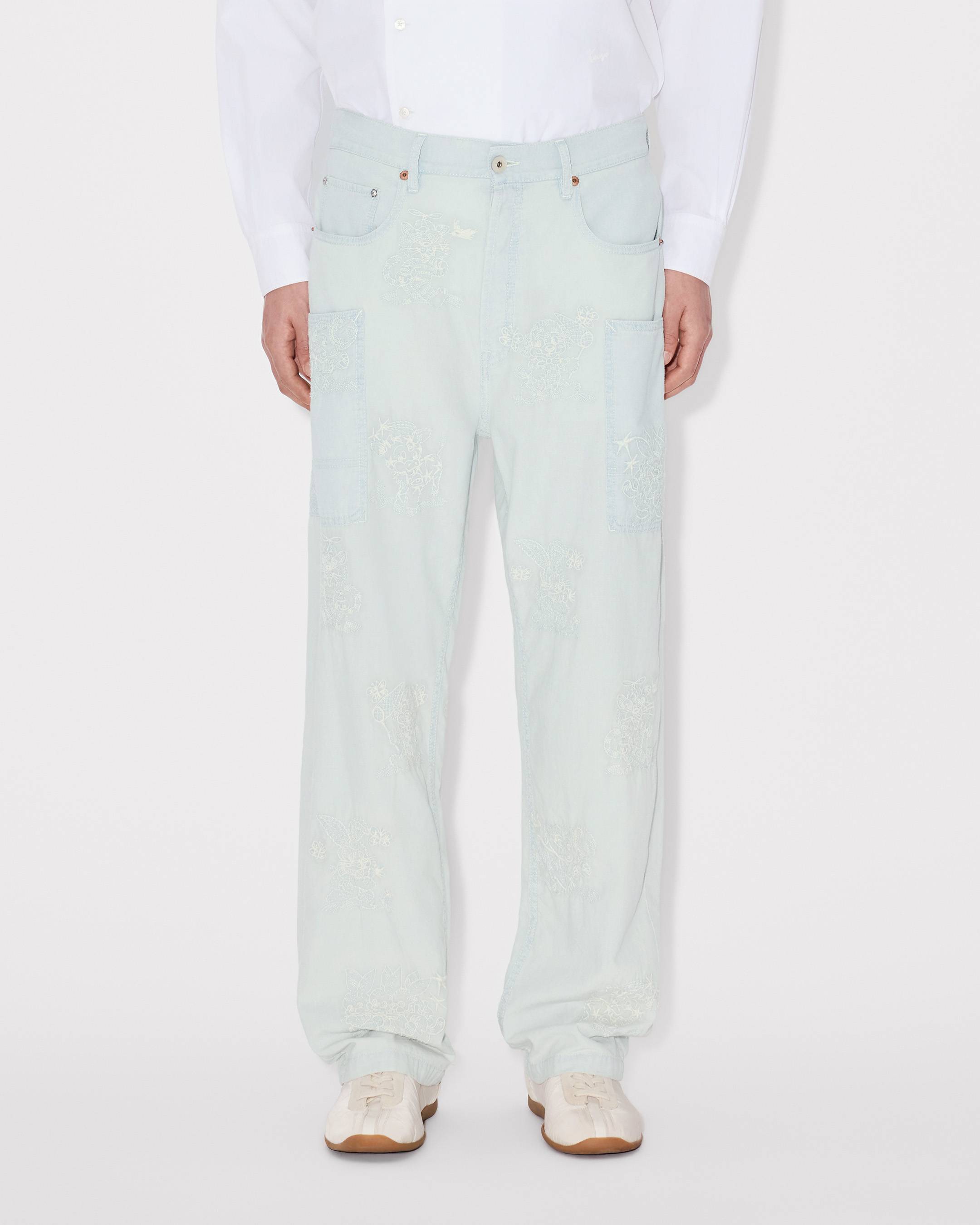 'KENZO Cartoon' embroidered cargo monkey fit jeans in stone bleach chambray