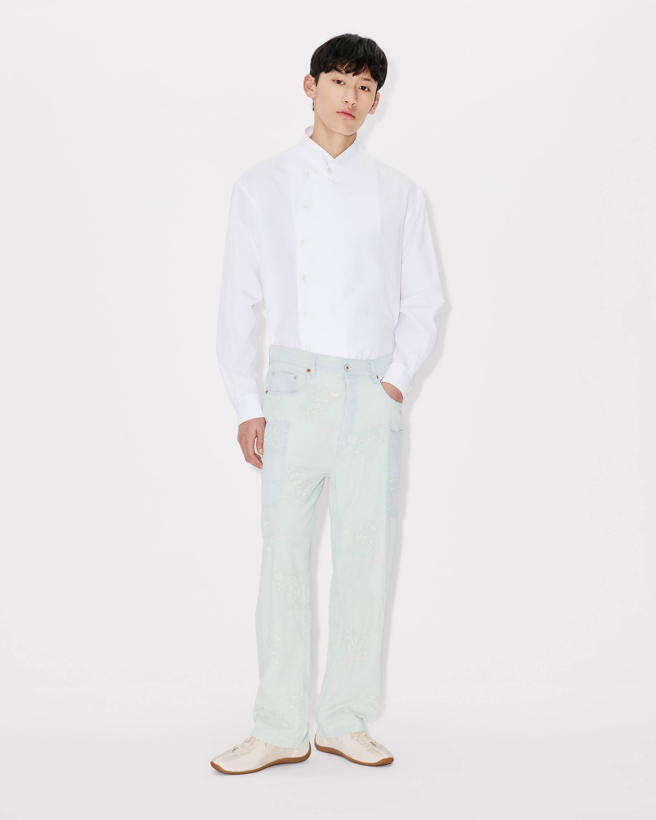 'KENZO Cartoon' embroidered cargo monkey fit jeans in stone bleach chambray