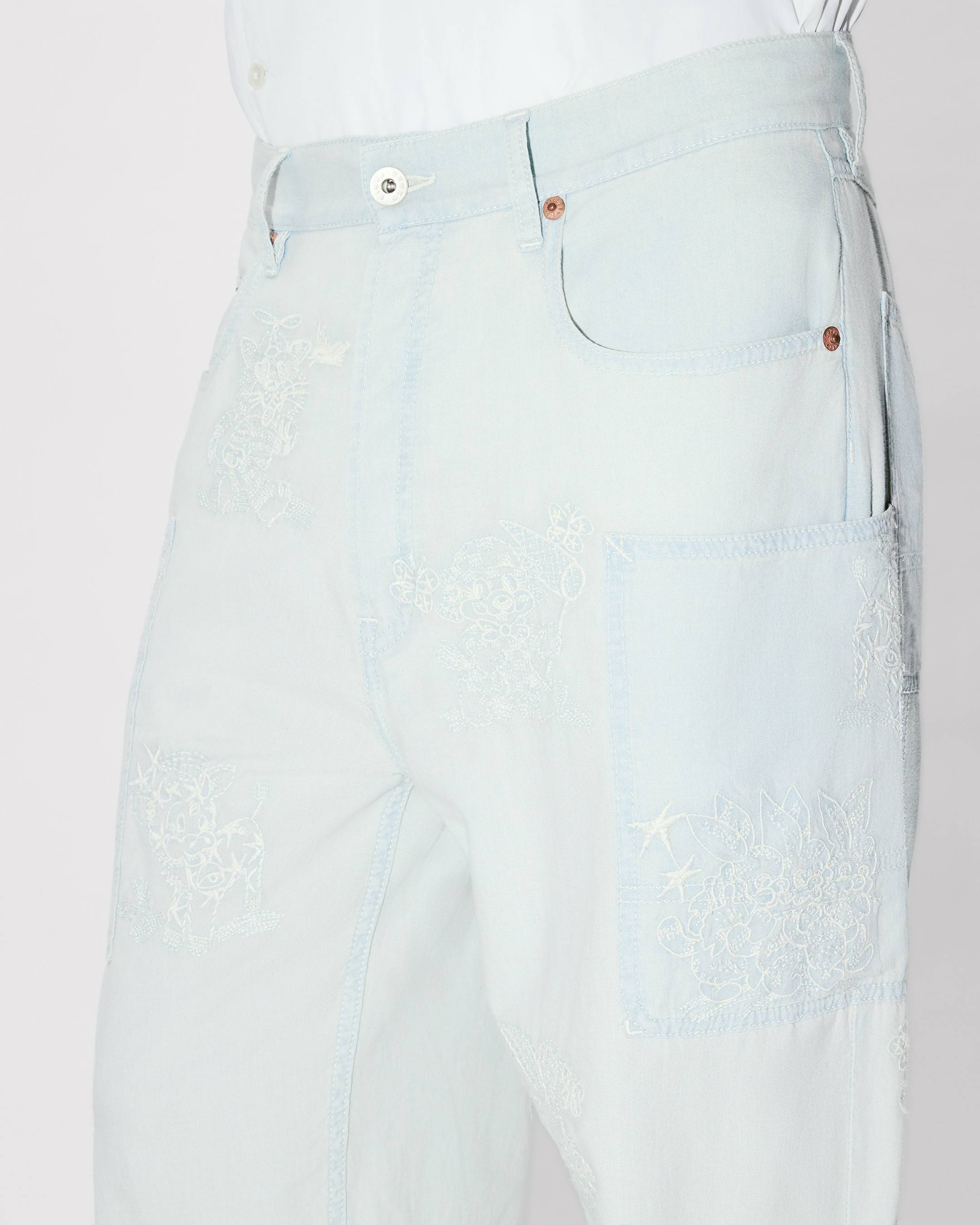 'KENZO Cartoon' embroidered cargo monkey fit jeans in stone bleach chambray