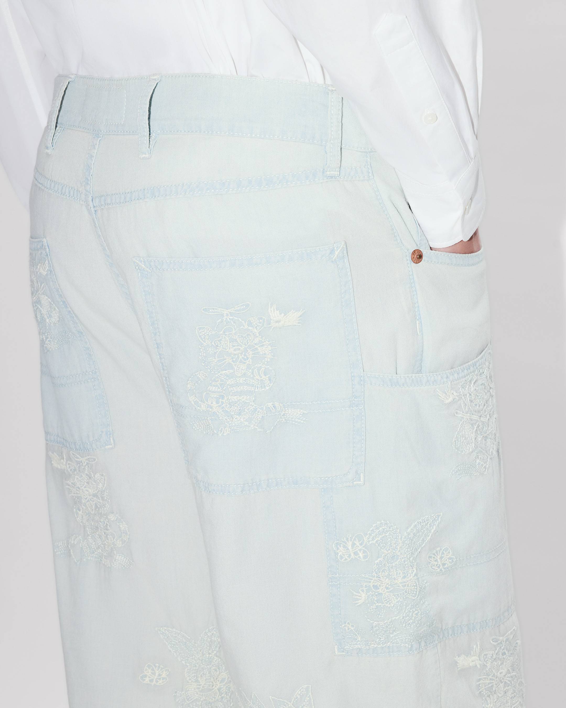 'KENZO Cartoon' embroidered cargo monkey fit jeans in stone bleach chambray