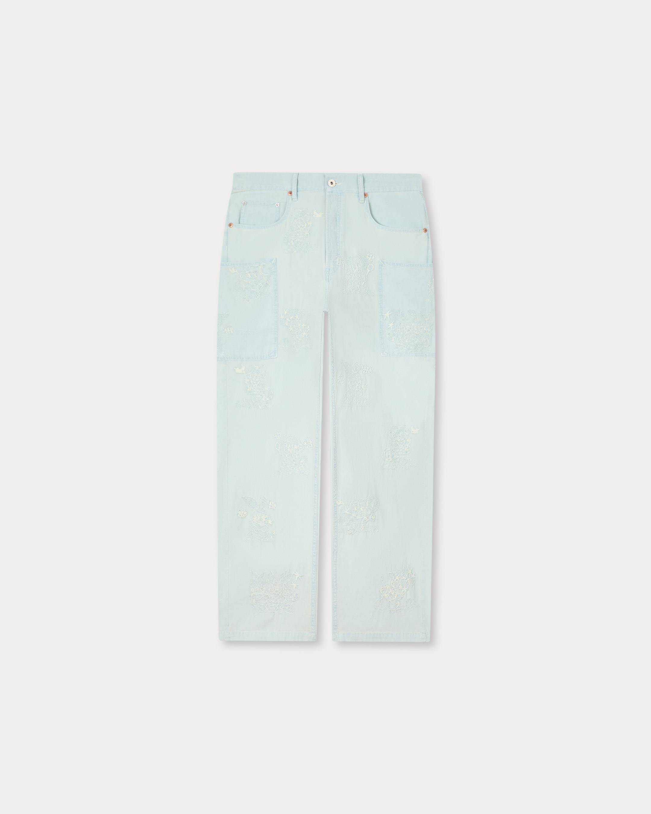 'KENZO Cartoon' embroidered cargo monkey fit jeans in stone bleach chambray