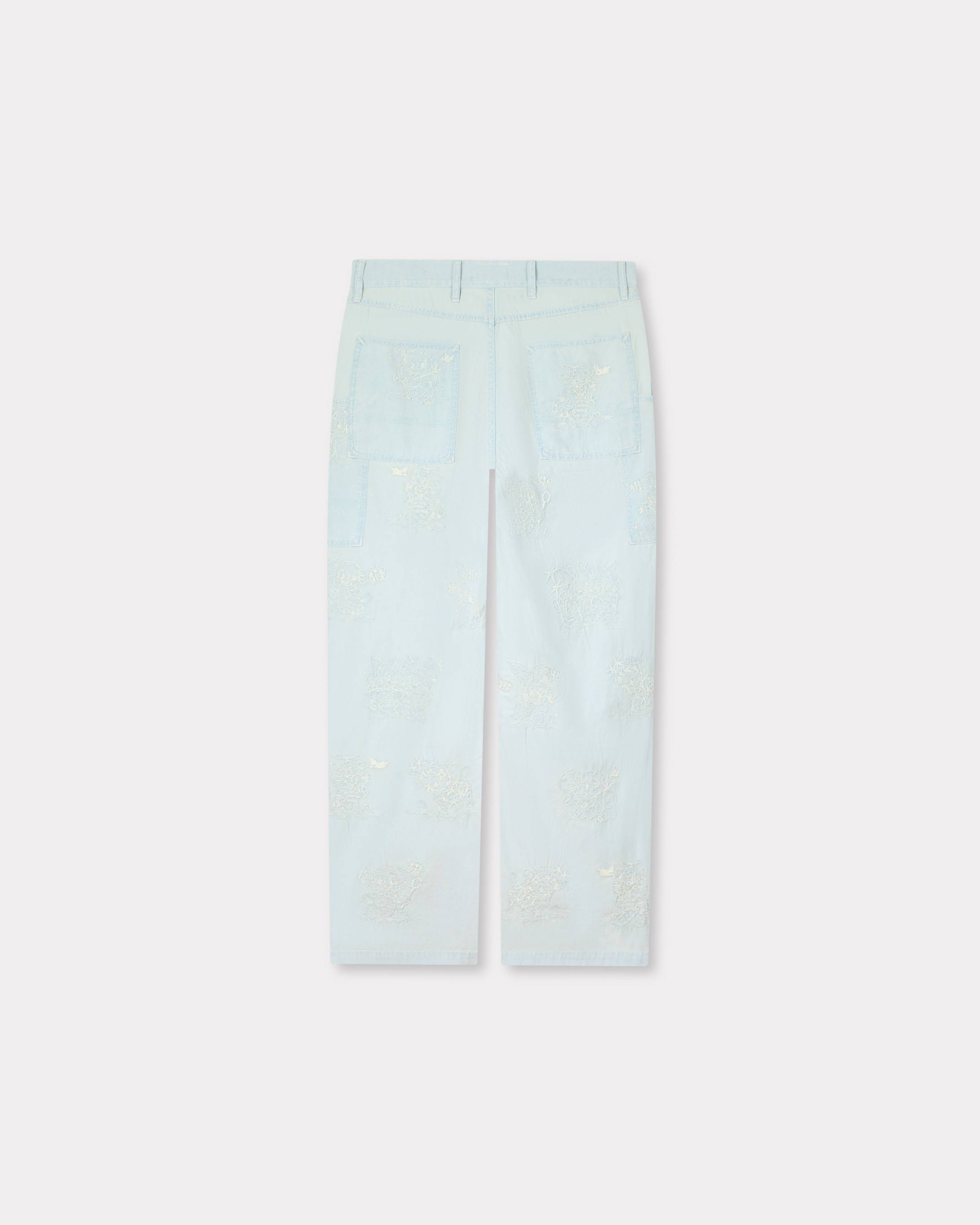 'KENZO Cartoon' embroidered cargo monkey fit jeans in stone bleach chambray